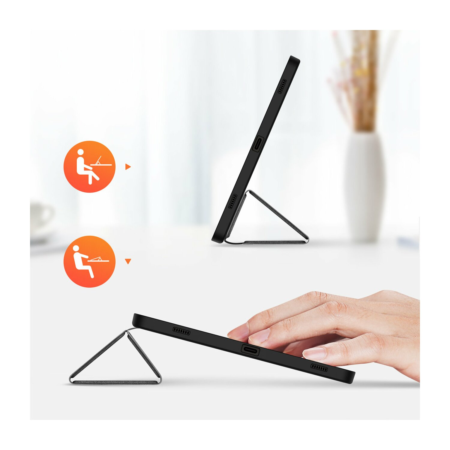 Una custodia per tablet con funzione stand, che mostra diversi angoli.