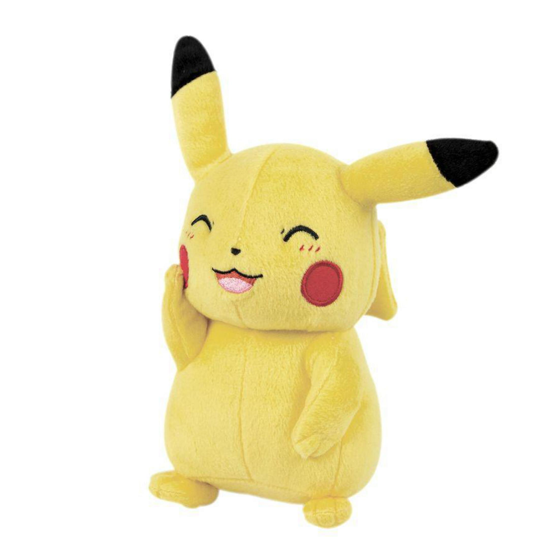 Ein gelbes Pikachu-Plüschtier lächelt, mit roten Wangen und schwarzen Ohren.