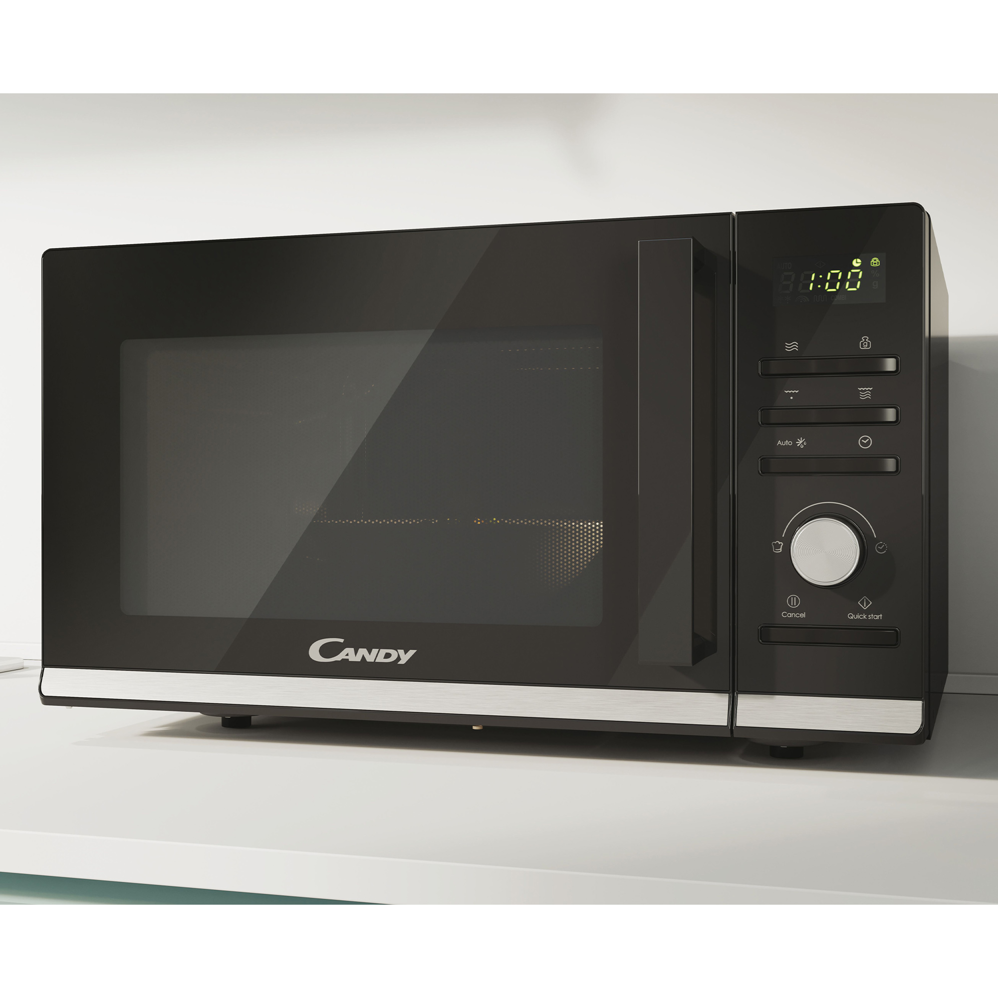 Czarny piekarnik mikrofalowy Candy. Szklane drzwi otwarte, widoczne wnętrze, z panelem sterowania.