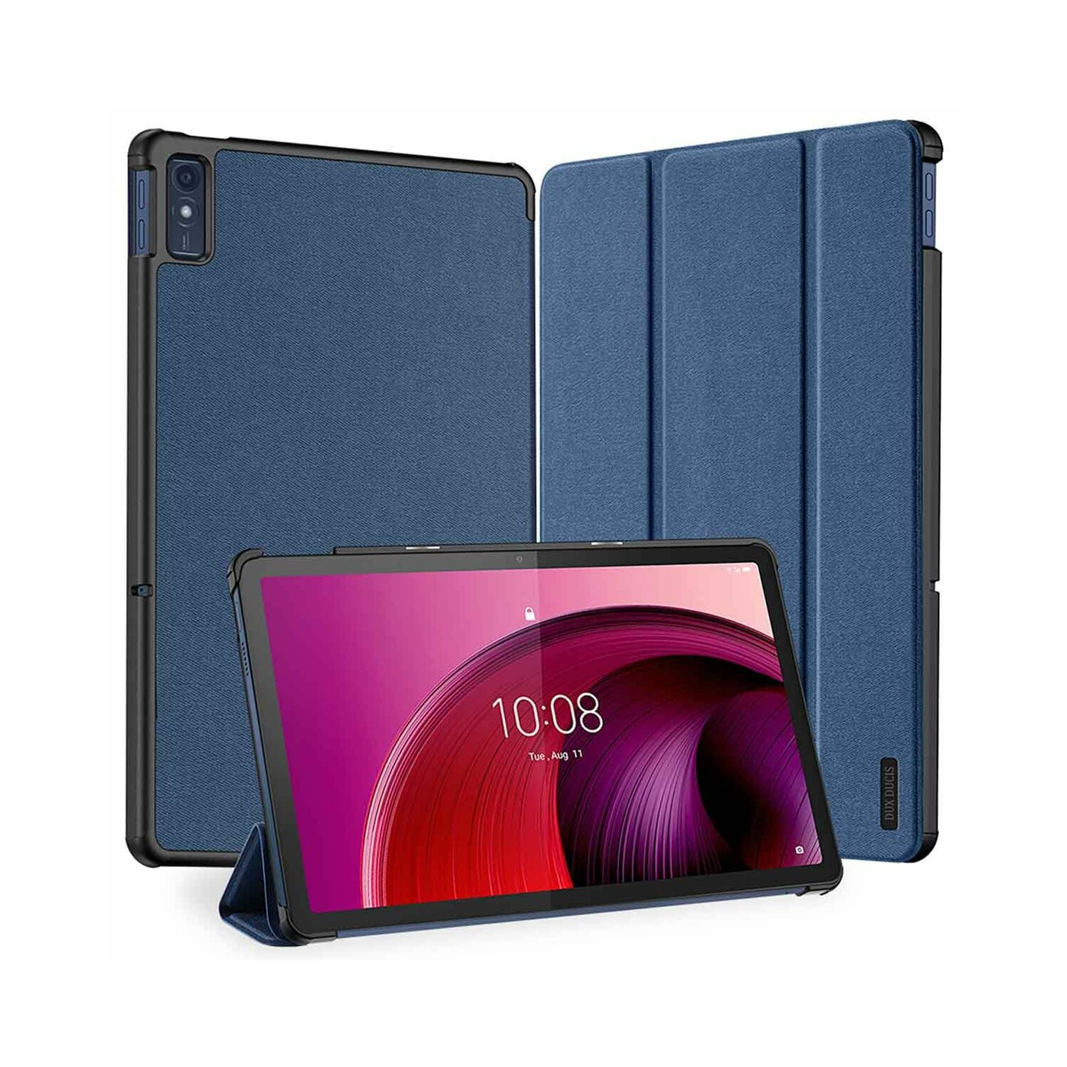 Eine blaue Tablethülle mit Tablet darin. Die Frontabdeckung ist gefaltet, Tablet wird gezeigt.