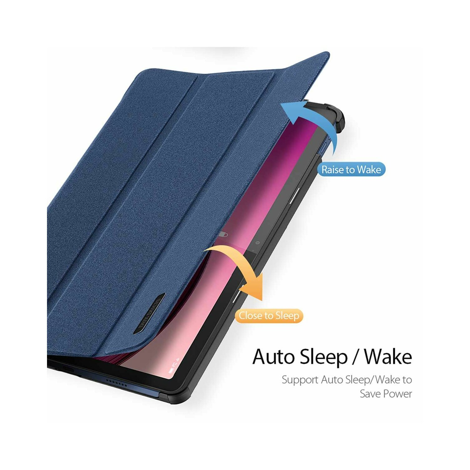 Blaue Tablet-Hülle mit automatischer Schlaf-/Weckfunktion. Pfeile zeigen Öffnen und Schließen an.