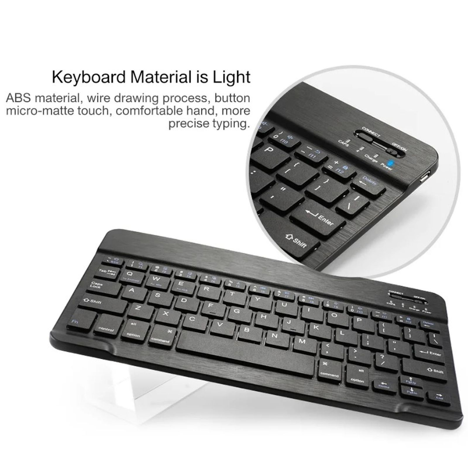 Schwarze Tastatur mit weißem Text, Detailansicht zeigt Tasten.