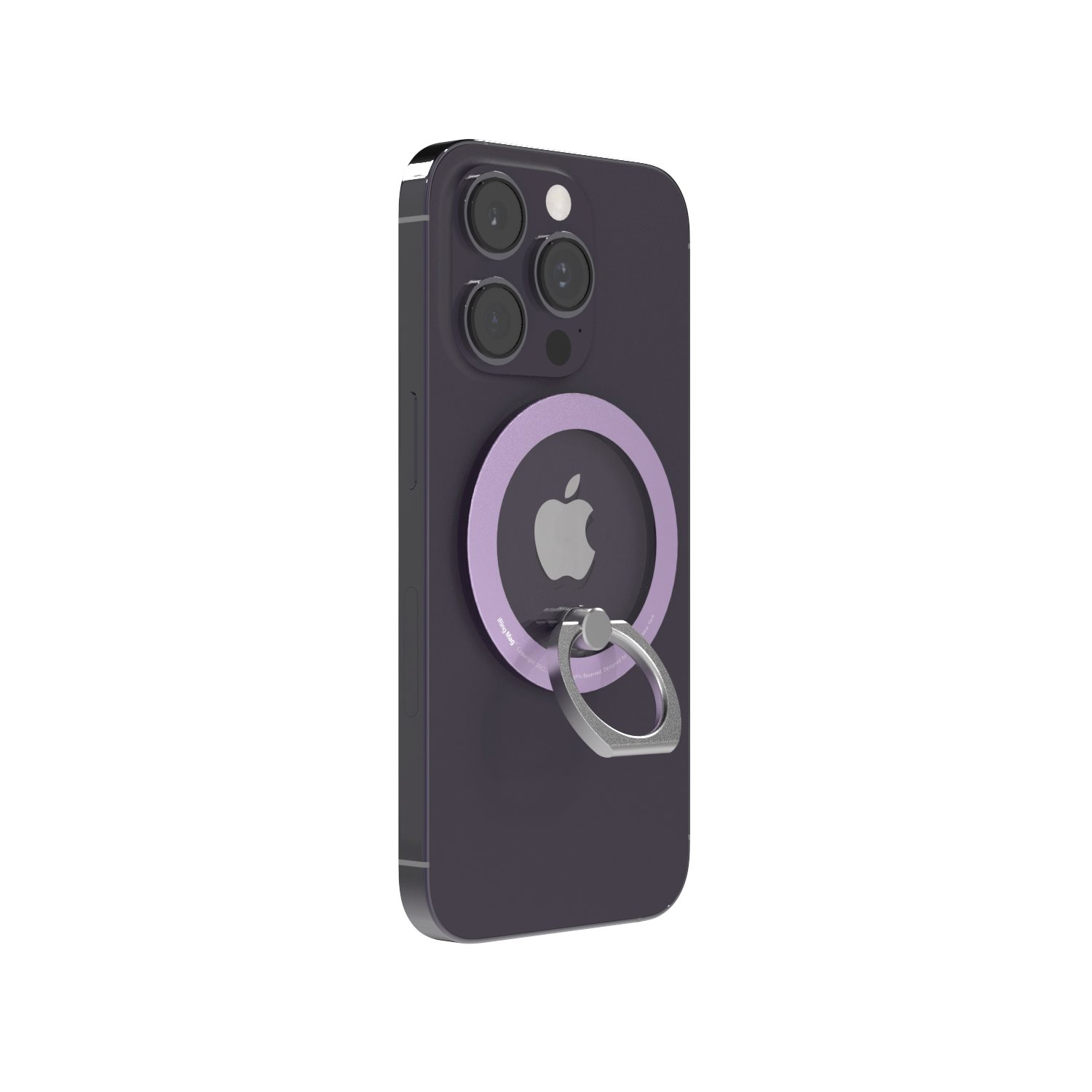 Lila iPhone mit Ringhalterung auf der Rückseite, Apple-Logo sichtbar.