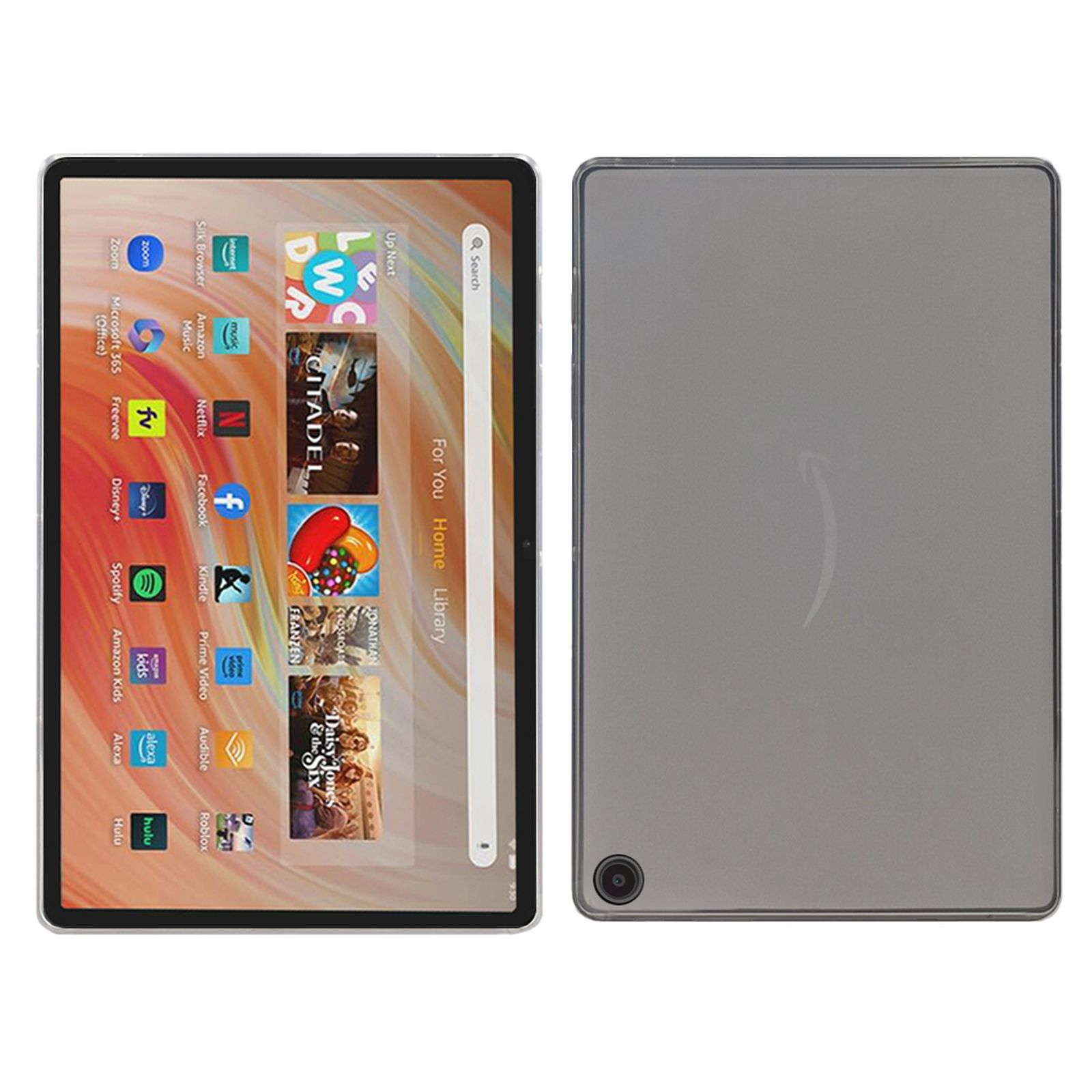 Tablet mit Anwendungen auf dem Bildschirm und Rückseite. Graue Farbe.
