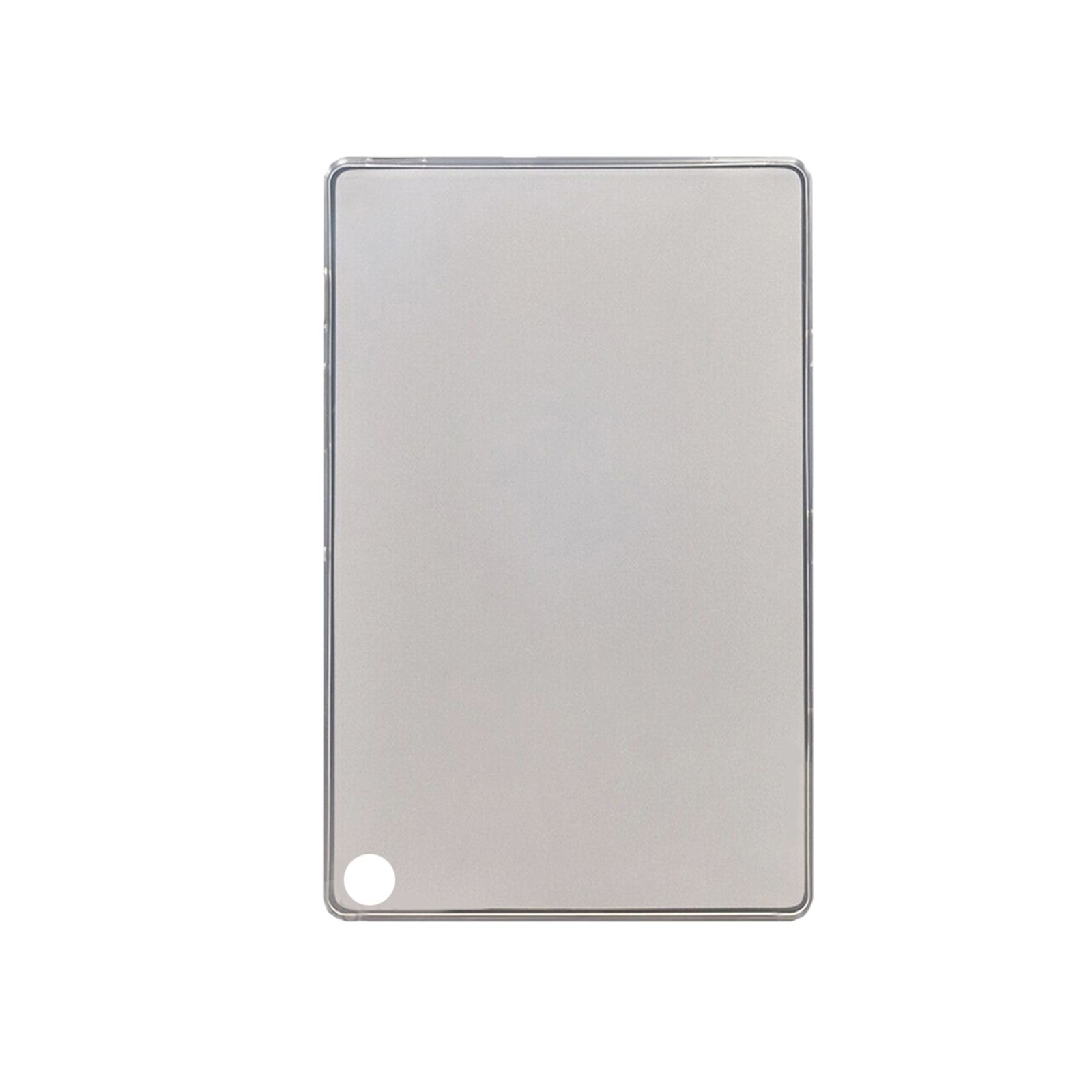 Transparente Tablet-Hülle auf weißem Hintergrund. Schlankes Design mit kreisförmiger Öffnung.