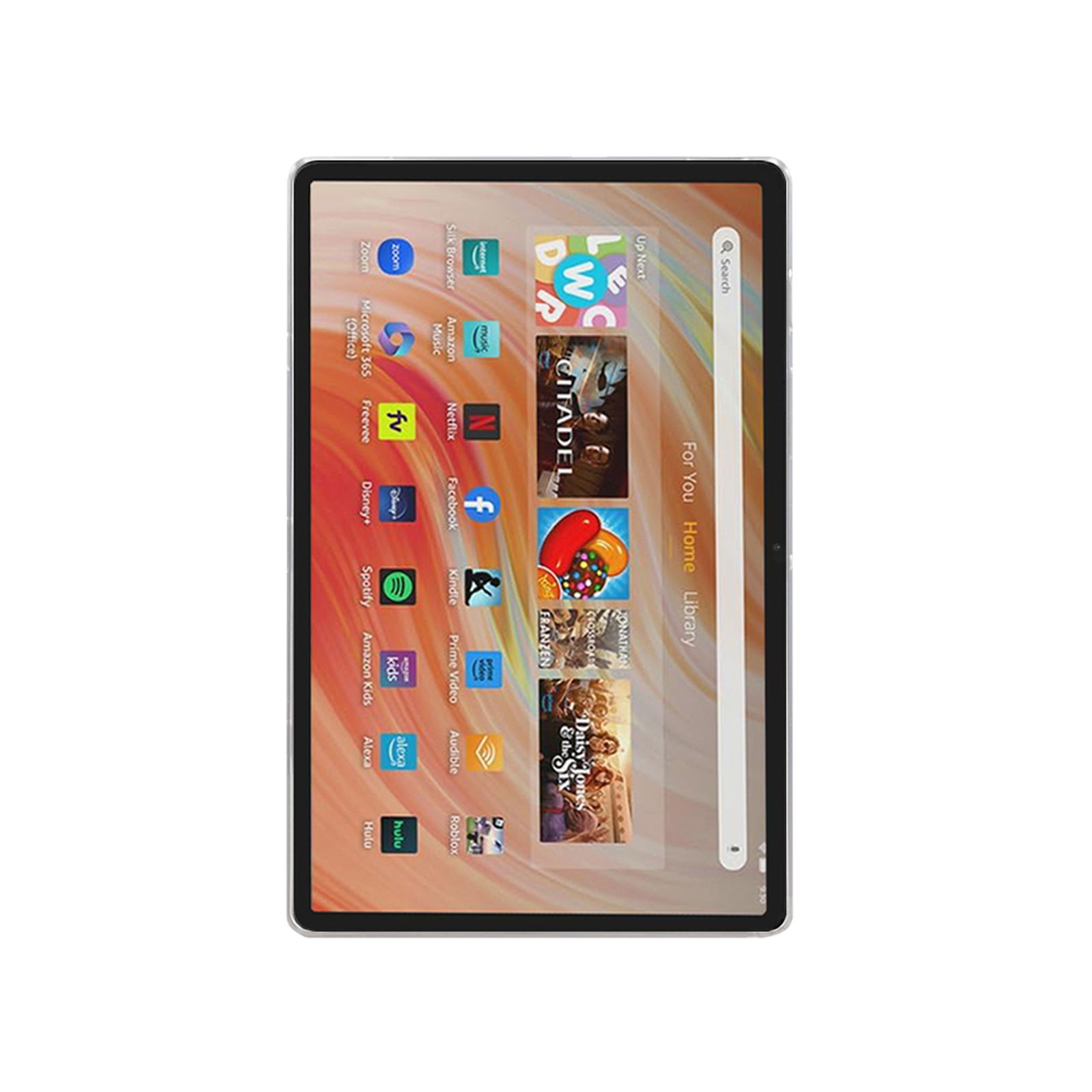 Tablet mit App-Symbolen, mit weißem Rand. Text: Für dich, Startseite, Bibliothek.