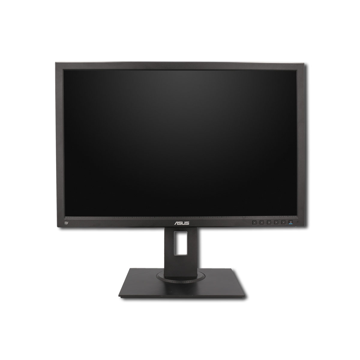 Ein schwarzer ASUS-Monitor auf einem schwarzen Ständer, isoliert auf weißem Hintergrund. Der Bildschirm ist schwarz.