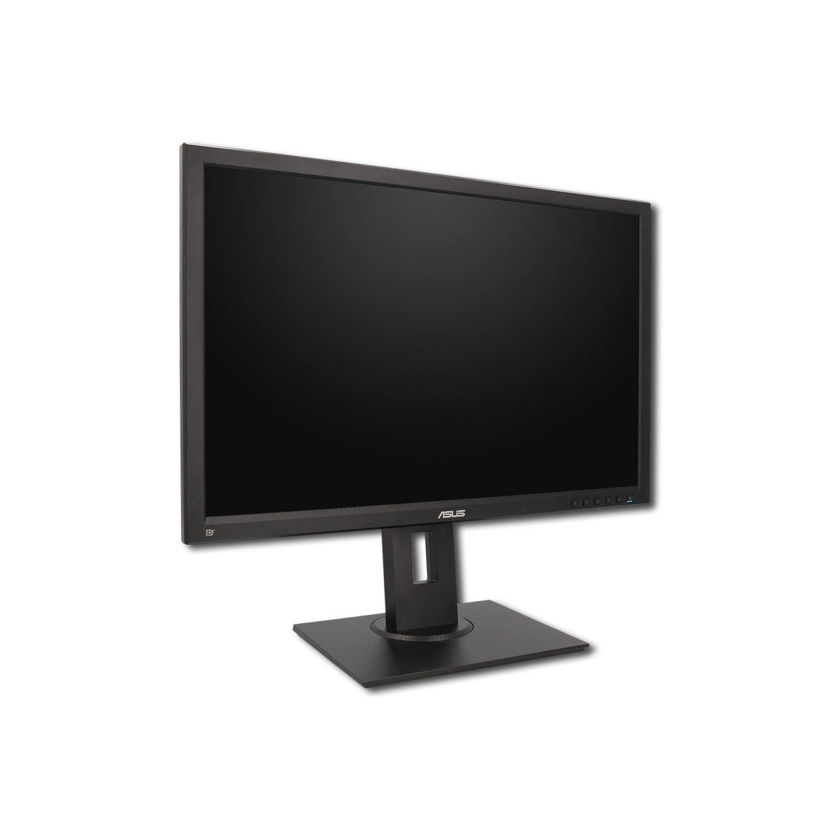 Schwarzer Computermonitor mit schwarzem Ständer. Der Bildschirm ist schwarz und der Hintergrund ist weiß.