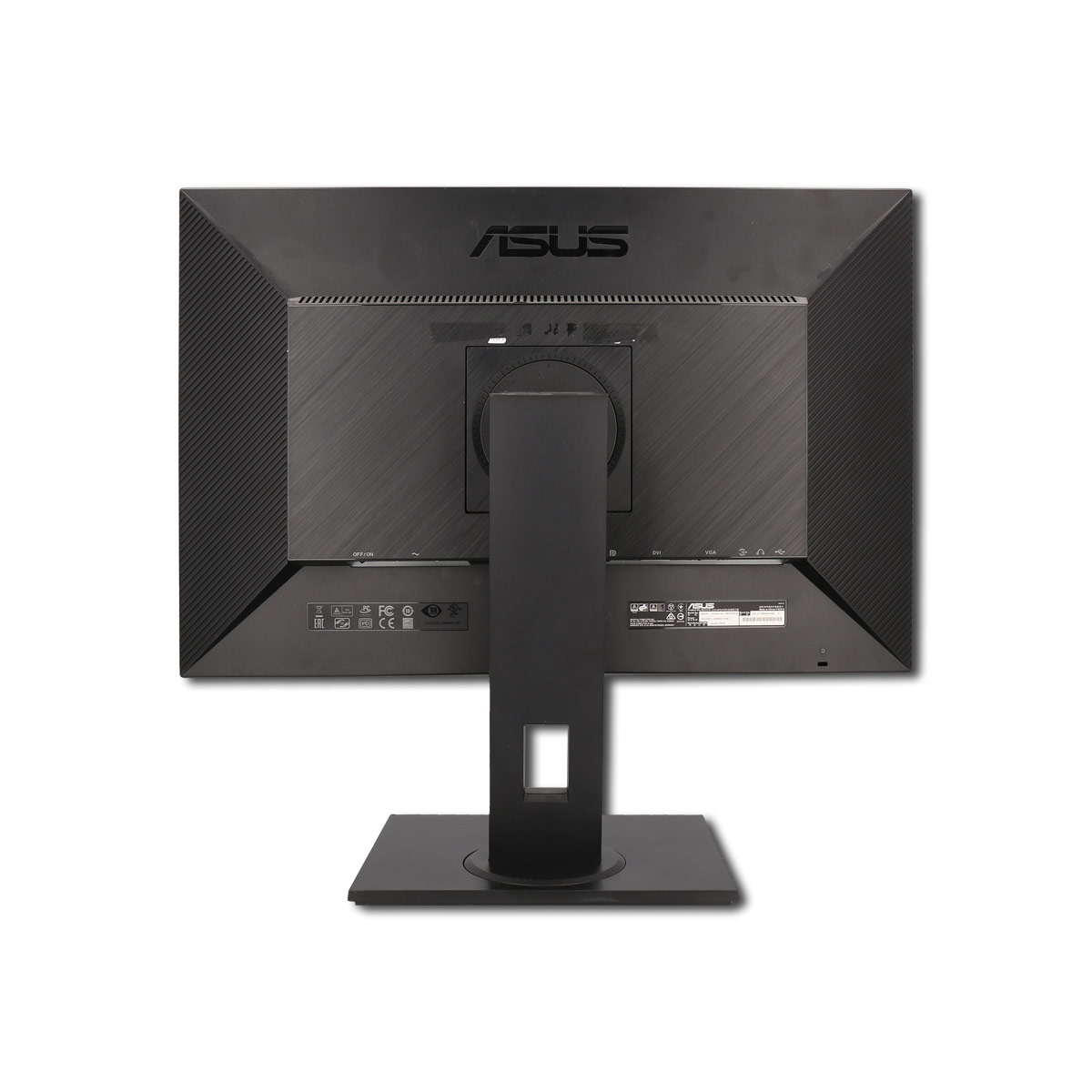 Die Rückseite eines schwarzen ASUS-Monitors. Es ist auf einem Ständer mit quadratischer Basis montiert und hat Anschlüsse.