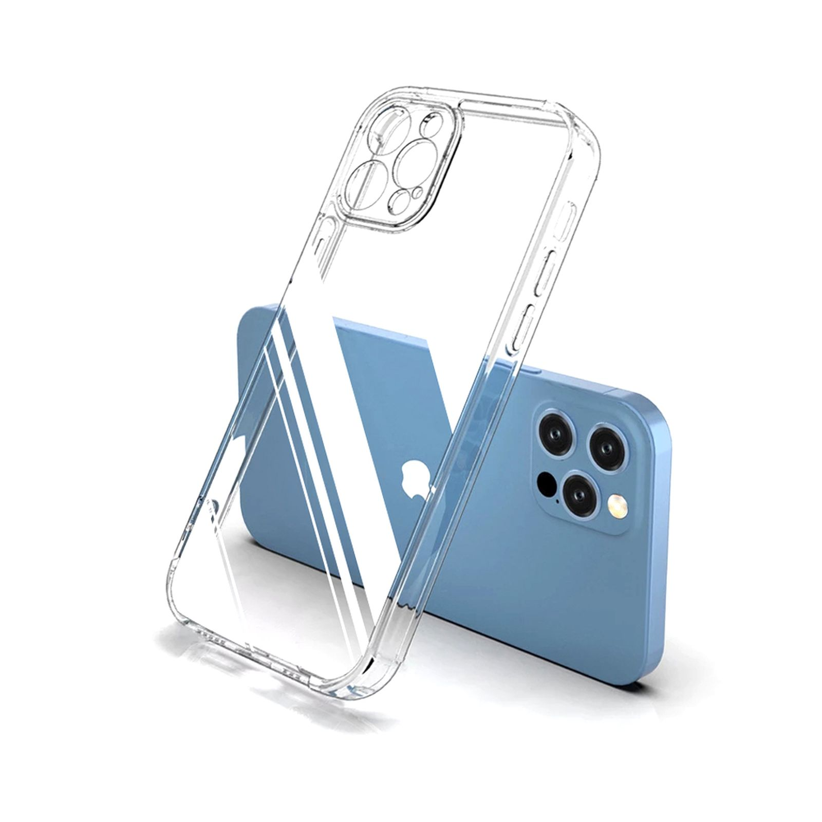 Transparente Handyhülle mit blauem Telefon. Die Hülle ist durchsichtig.