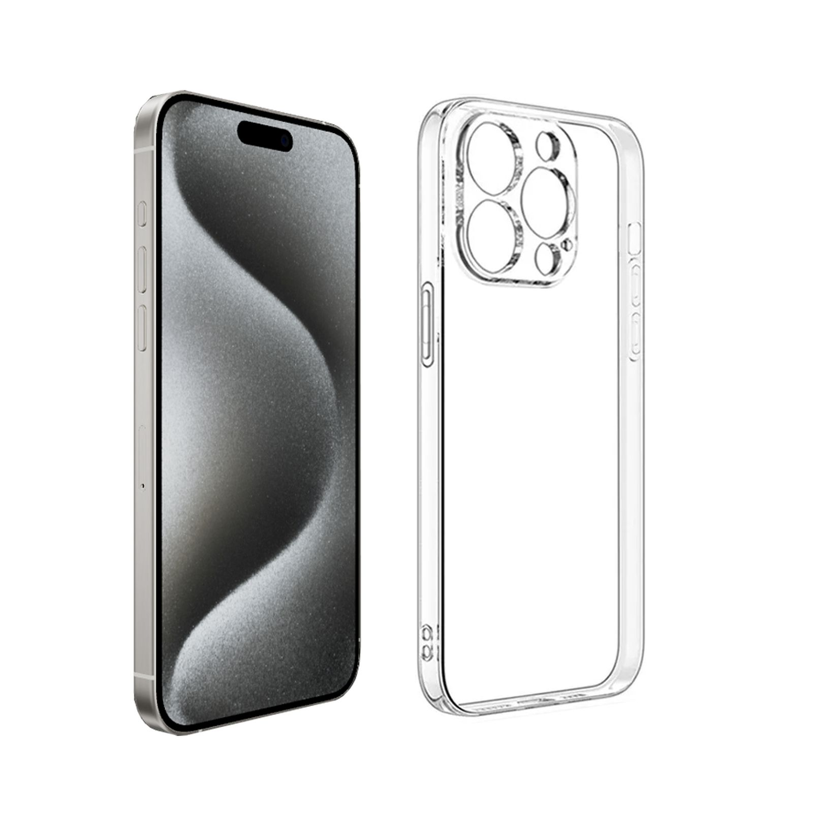 Ein Telefon und eine transparente Handyhülle. Weißer Hintergrund.