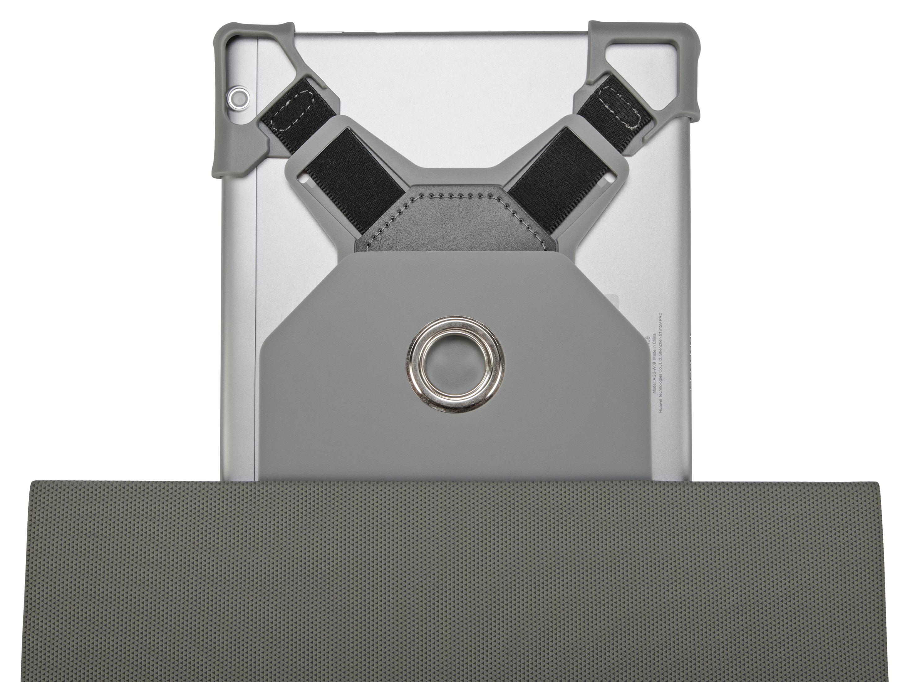 Custodia grigia per iPad con cinghie. Il retro dell'iPad è visibile. Colori grigio e nero.