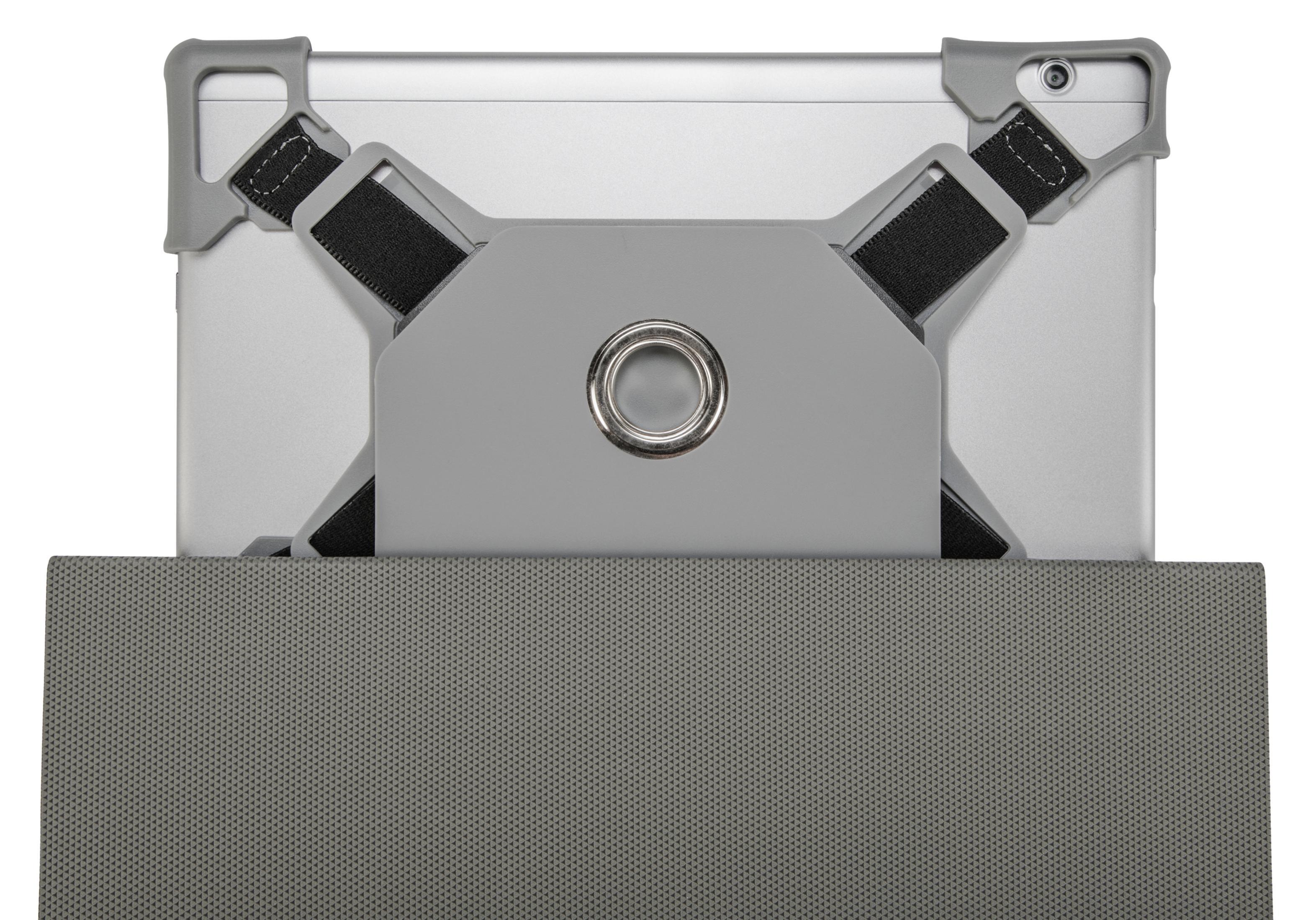 Un tablet grigio è in un supporto grigio. Cinghie nere fissano il tablet.