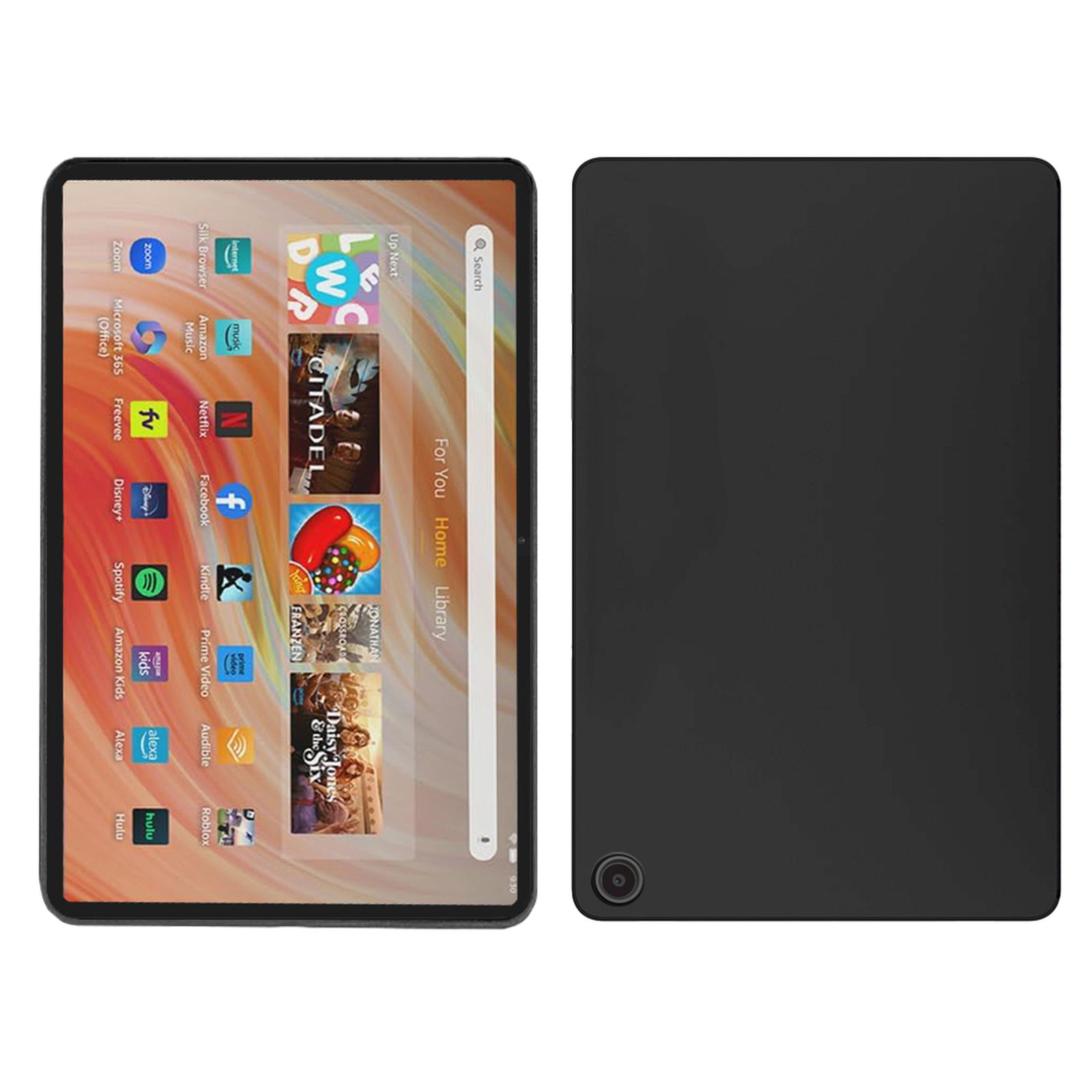 Ein Tablet mit Startbildschirm und Apps sowie einer schwarzen Hülle.