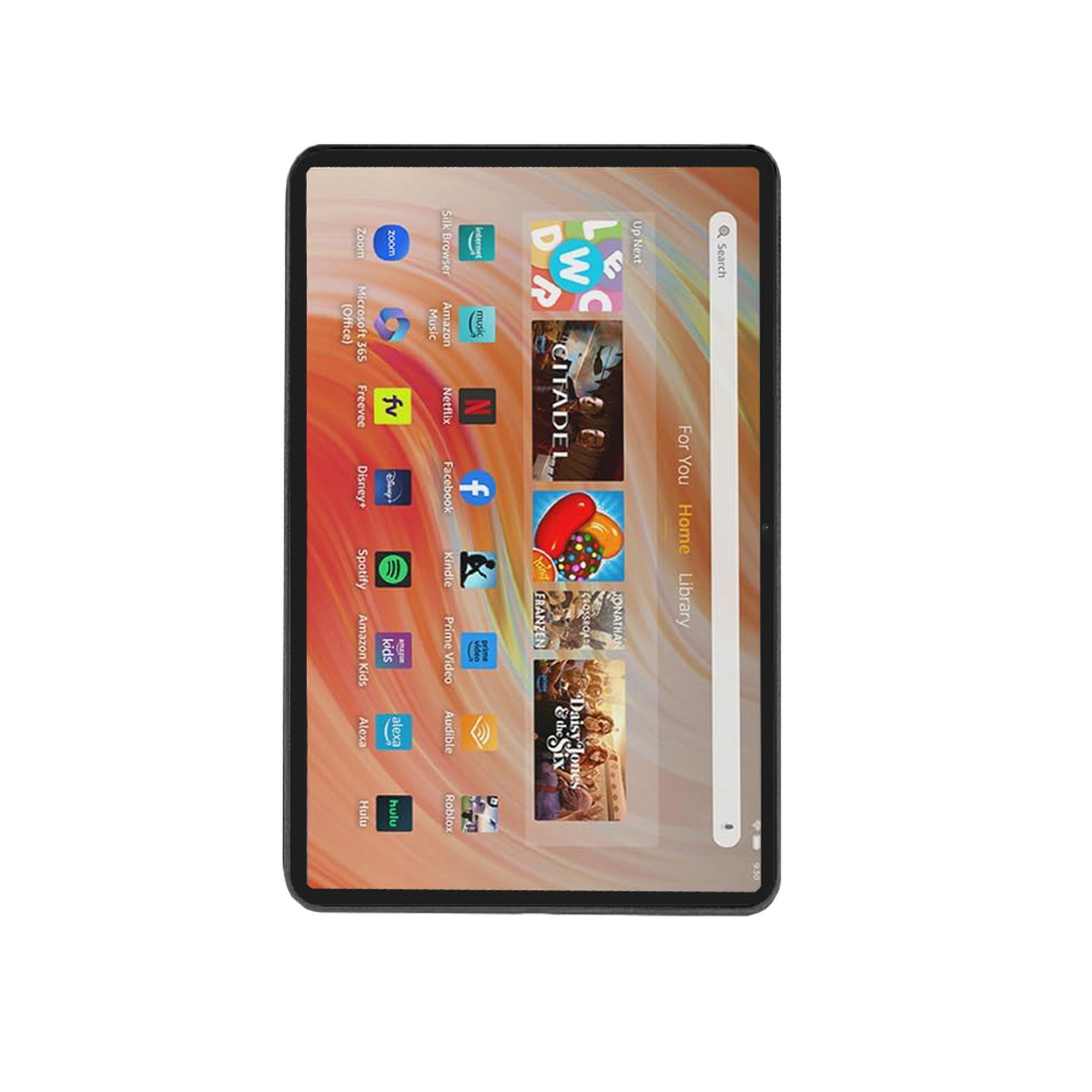 Tablet, das einen Bildschirm mit App-Symbolen, eine schwarze Hülle und einen weißen Hintergrund zeigt.