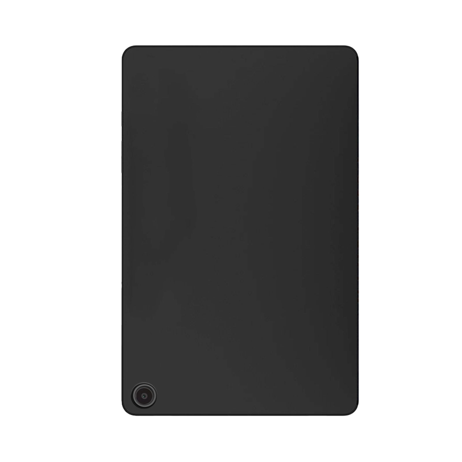 Ein schwarzes rechteckiges Tablet vor weißem Hintergrund. Ein Kameraobjektiv befindet sich unten.