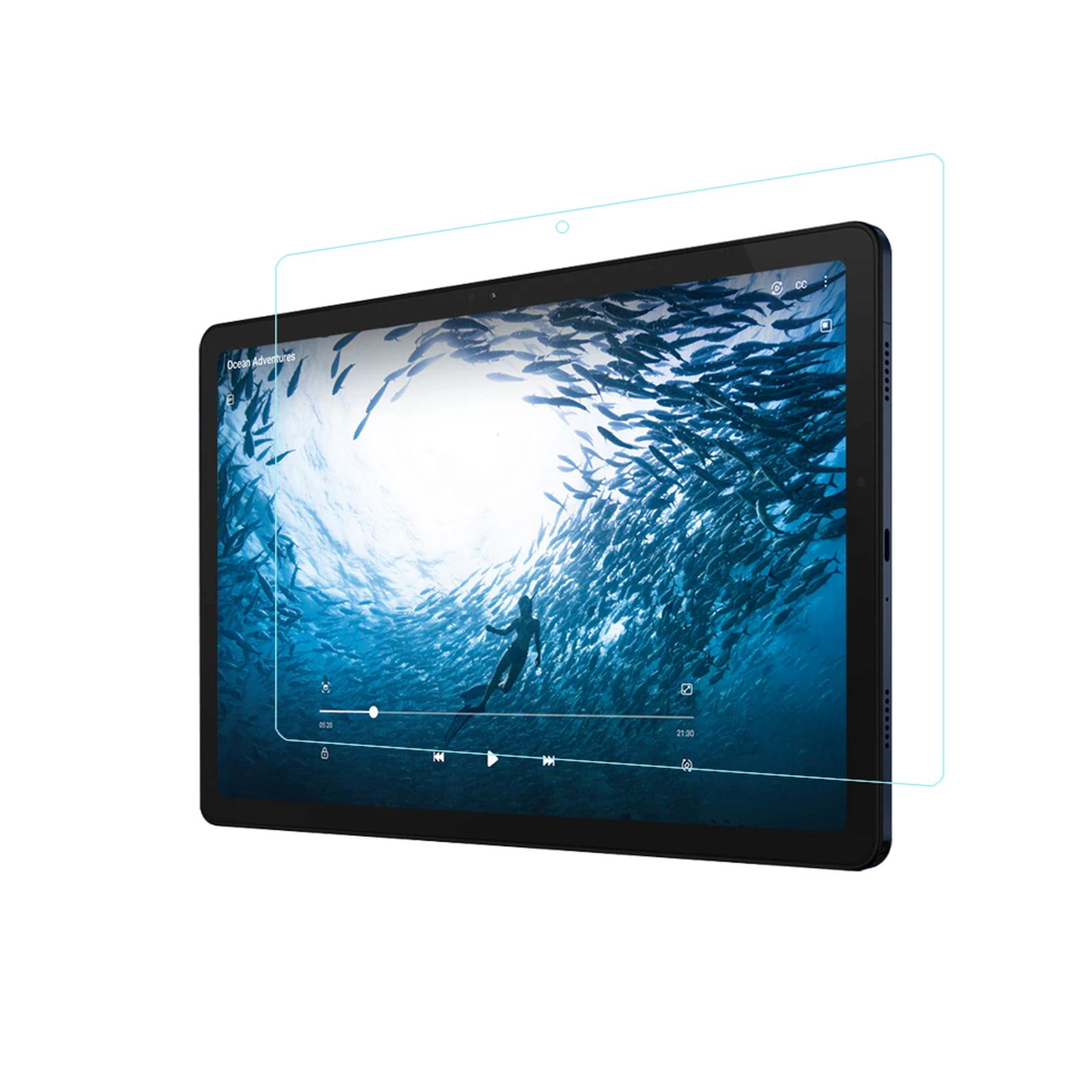 Un tablet con una protezione schermo che mostra un video di subacquei e pesci in acqua blu.