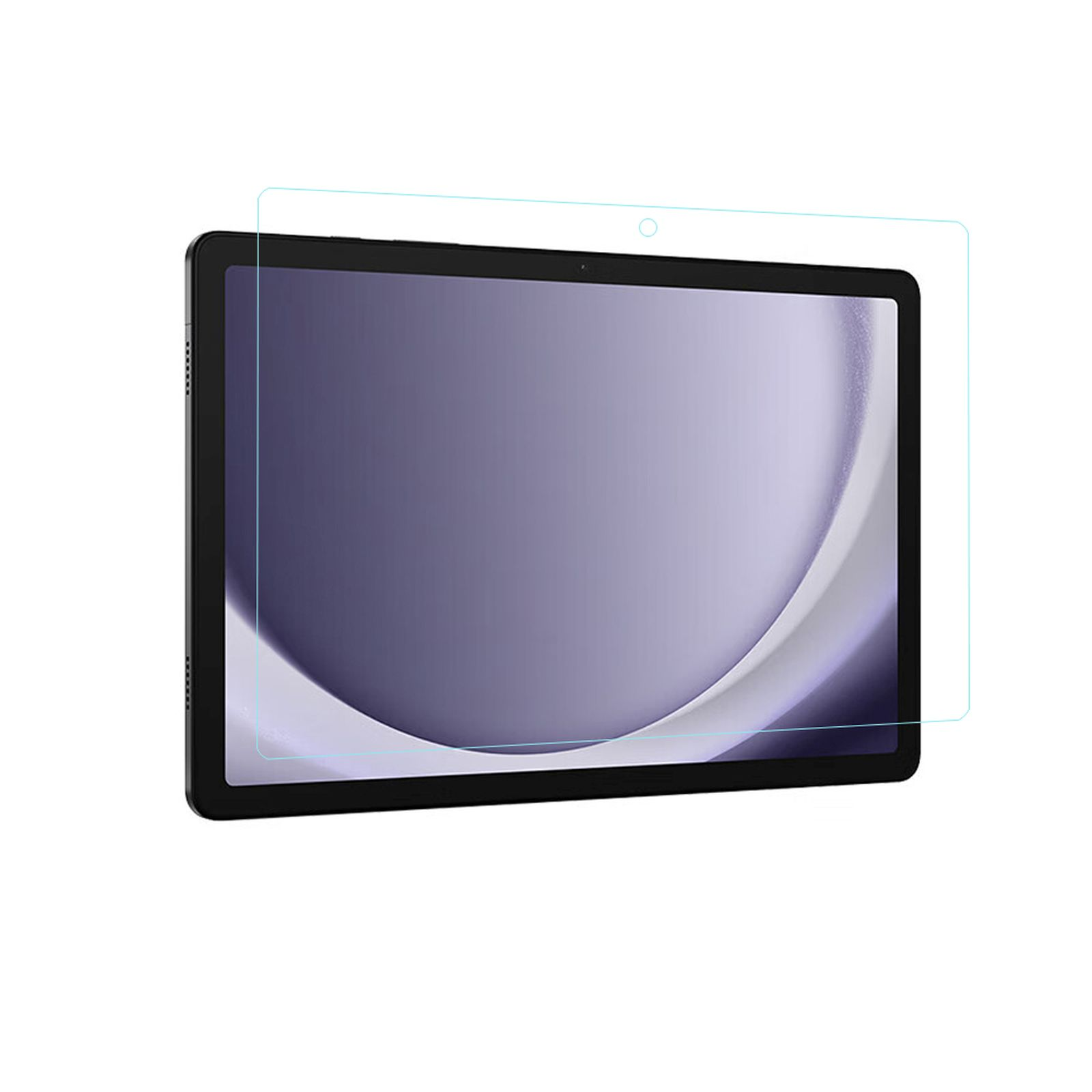 Tablet con protezione schermo, cornice nera e schermo azzurro.