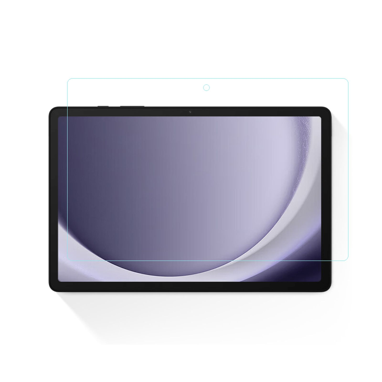 Tablet con protezione schermo applicata, posizionato su una superficie bianca.