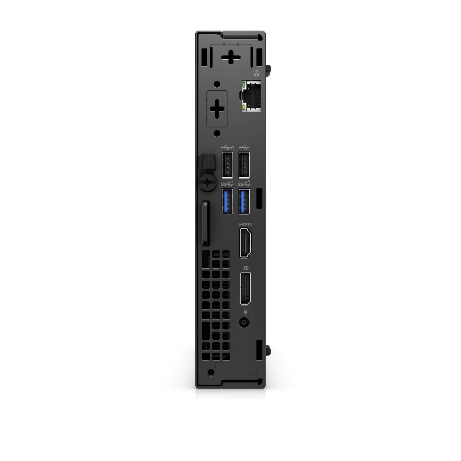 Schwarzer Computerturm mit verschiedenen Anschlüssen. Seitenansicht.