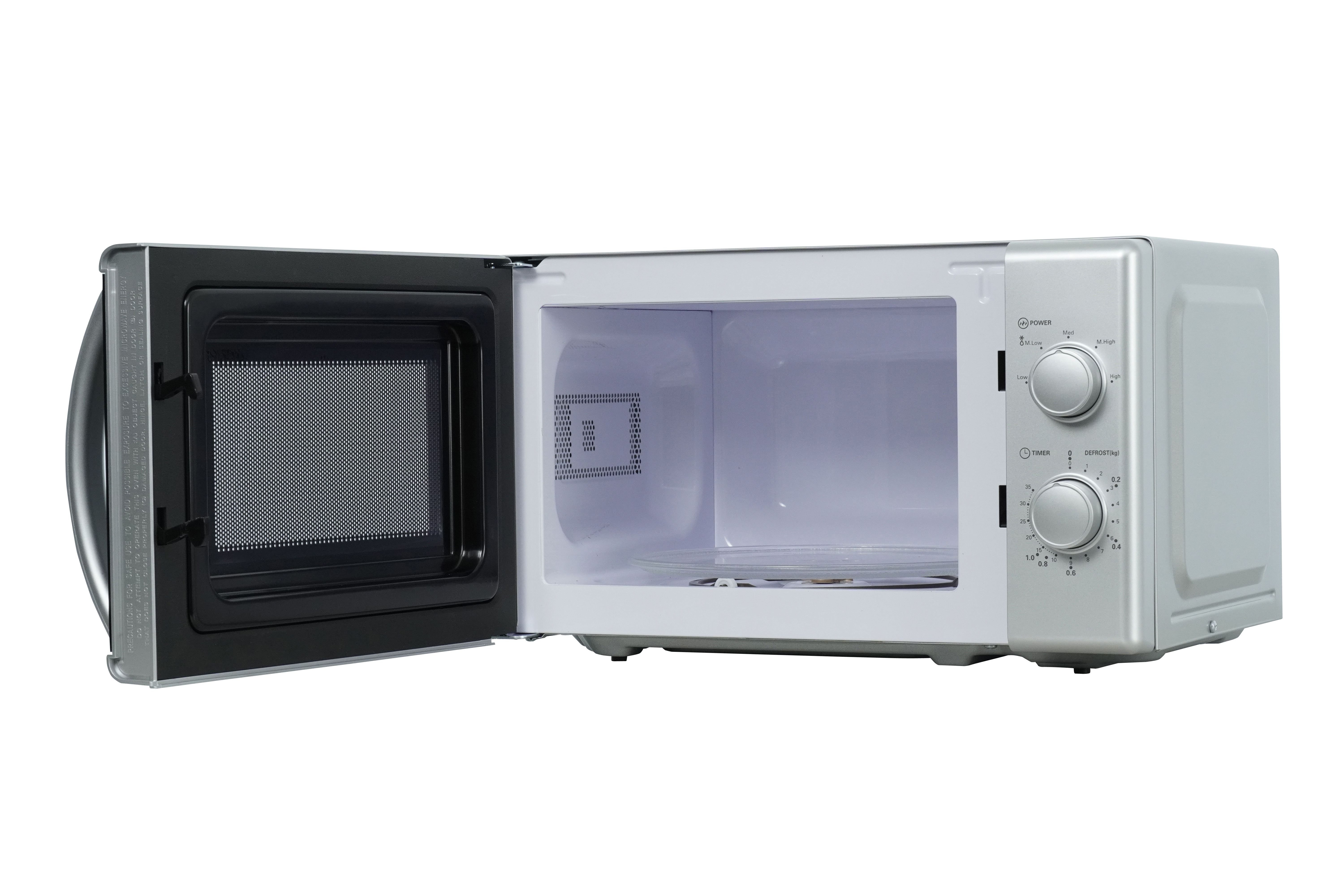 Silver microwave with open door. Controls on right. White background.