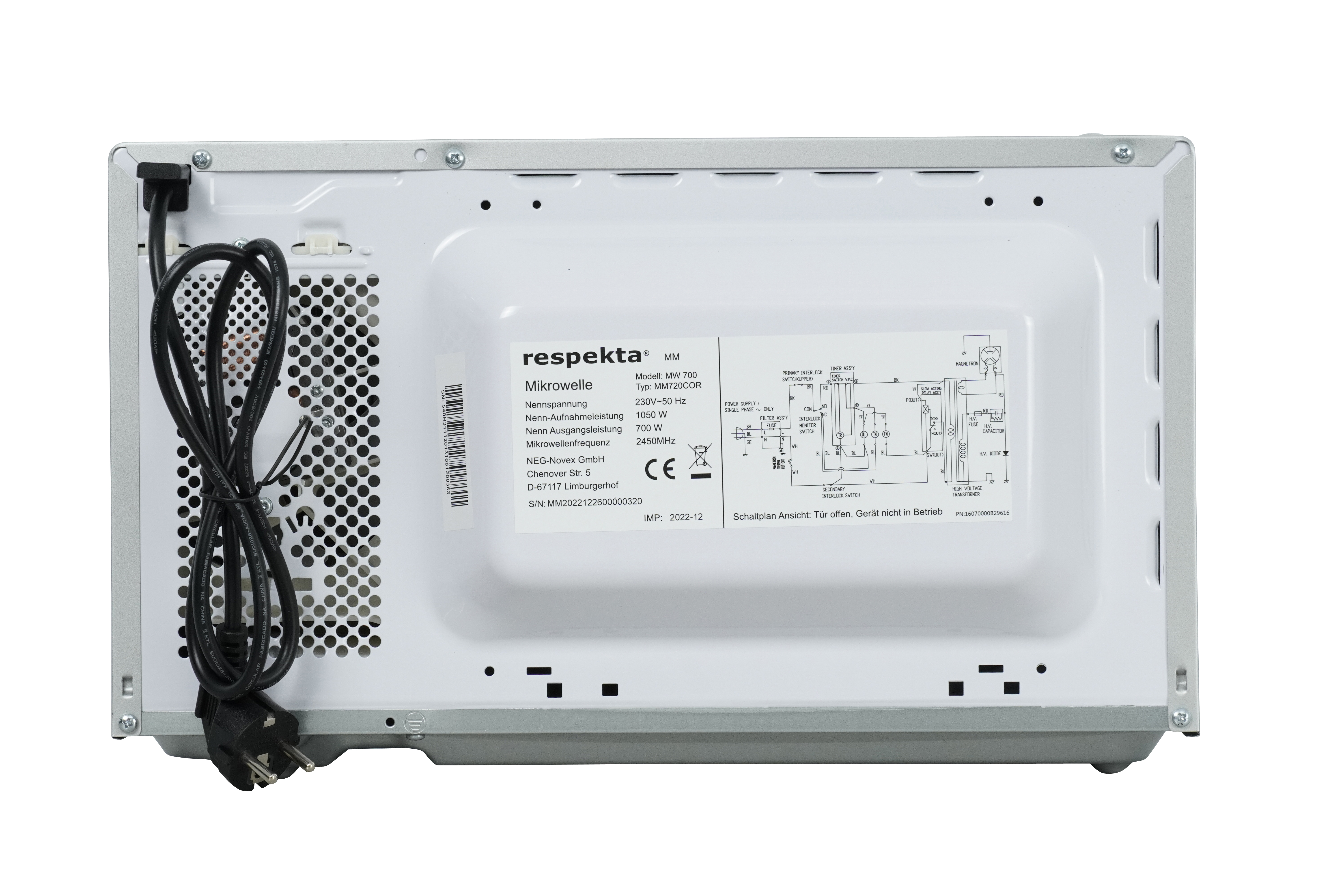 The back of a grey and white microwave, with power cord and labels. White background.