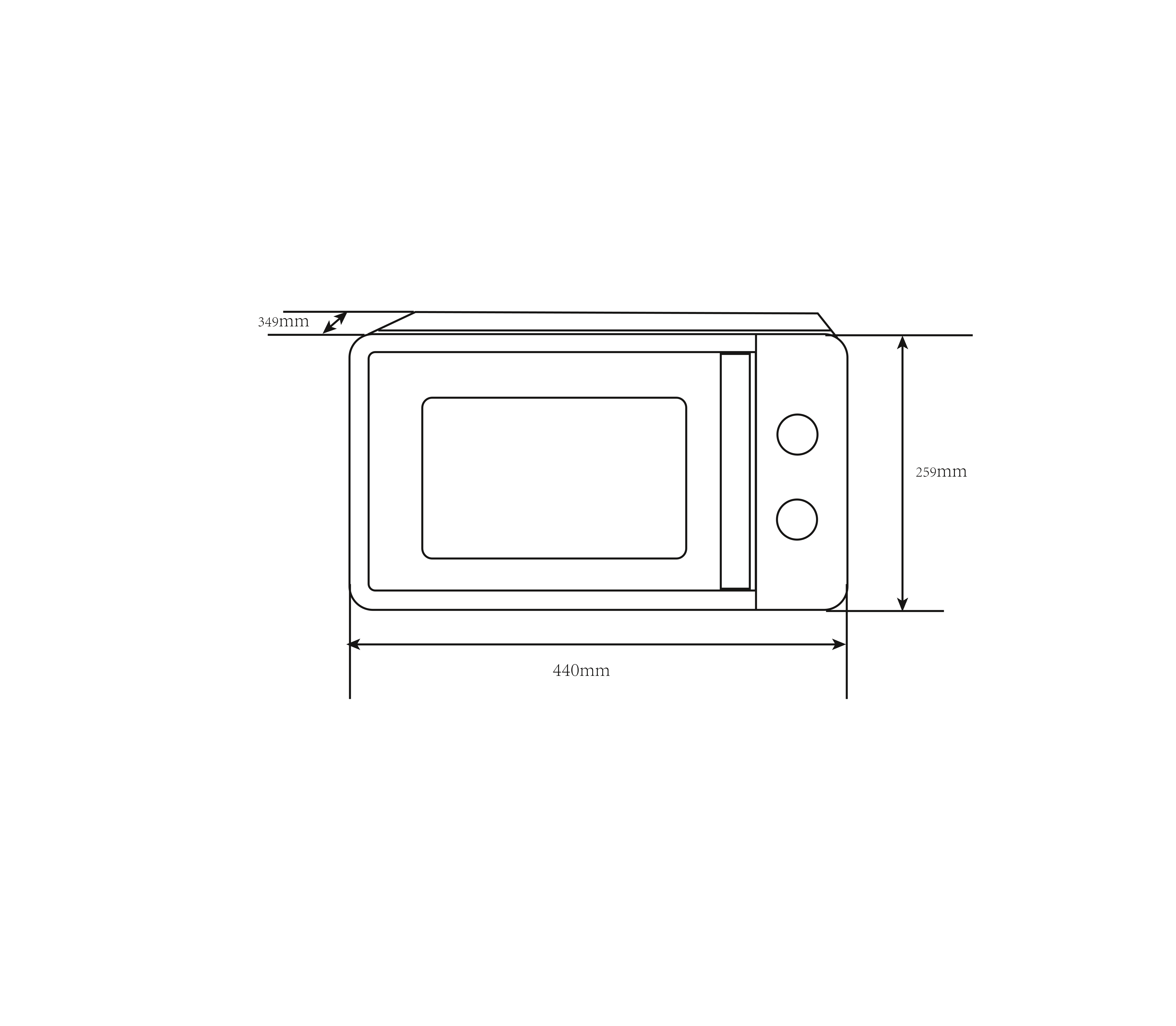A white microwave drawing with dimensions indicated by arrows and measurements.