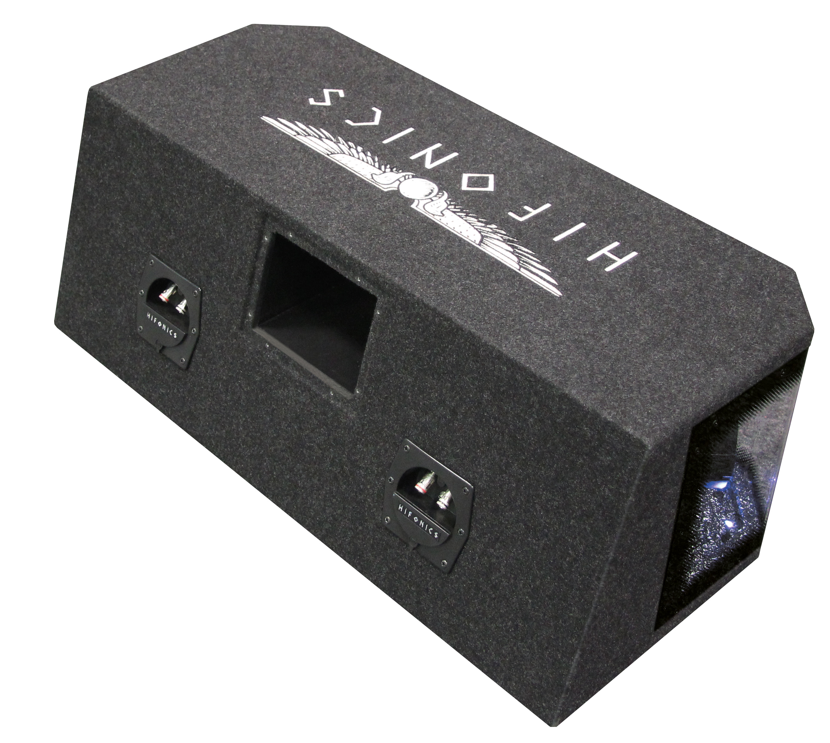 Schwarzer Hifonics Subwoofer. Rechteckige Form mit Logo und Lautsprecheranschlüssen.