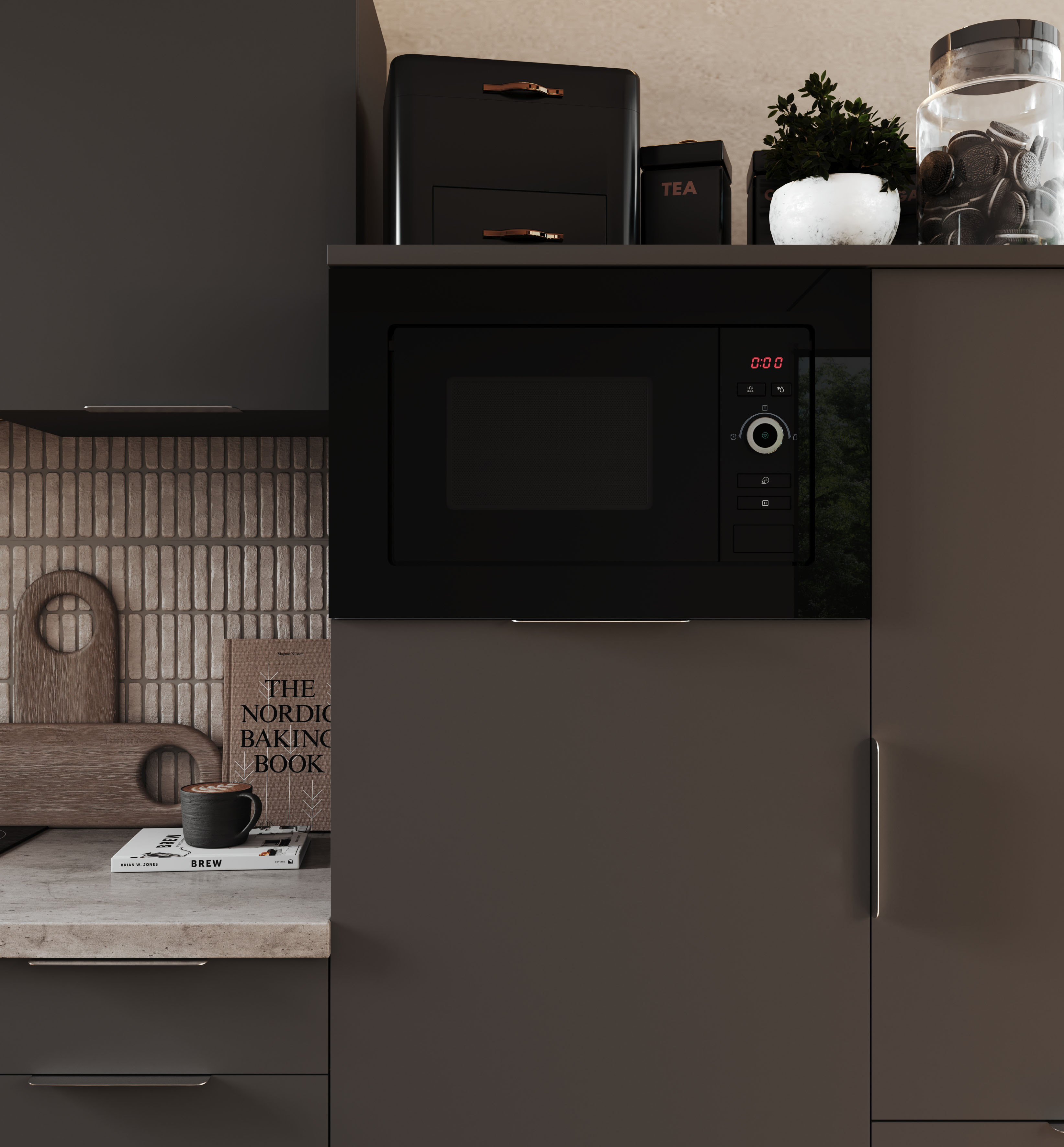Kitchen scene with a microwave, black and brown tones, and a cookbook.