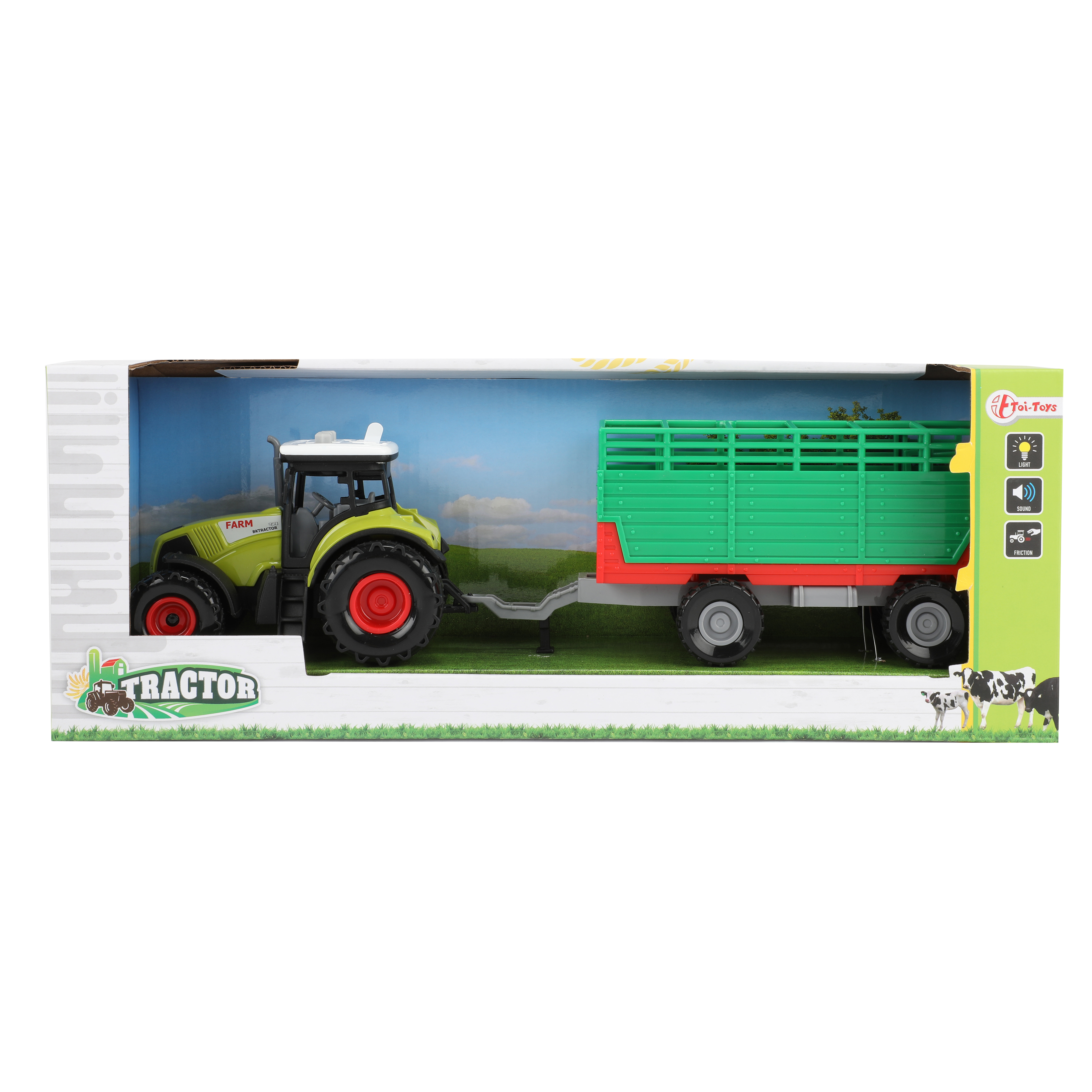 Ein Spielzeugtraktor mit Anhänger. Die Box hat Bilder des Traktors und Anhängers.