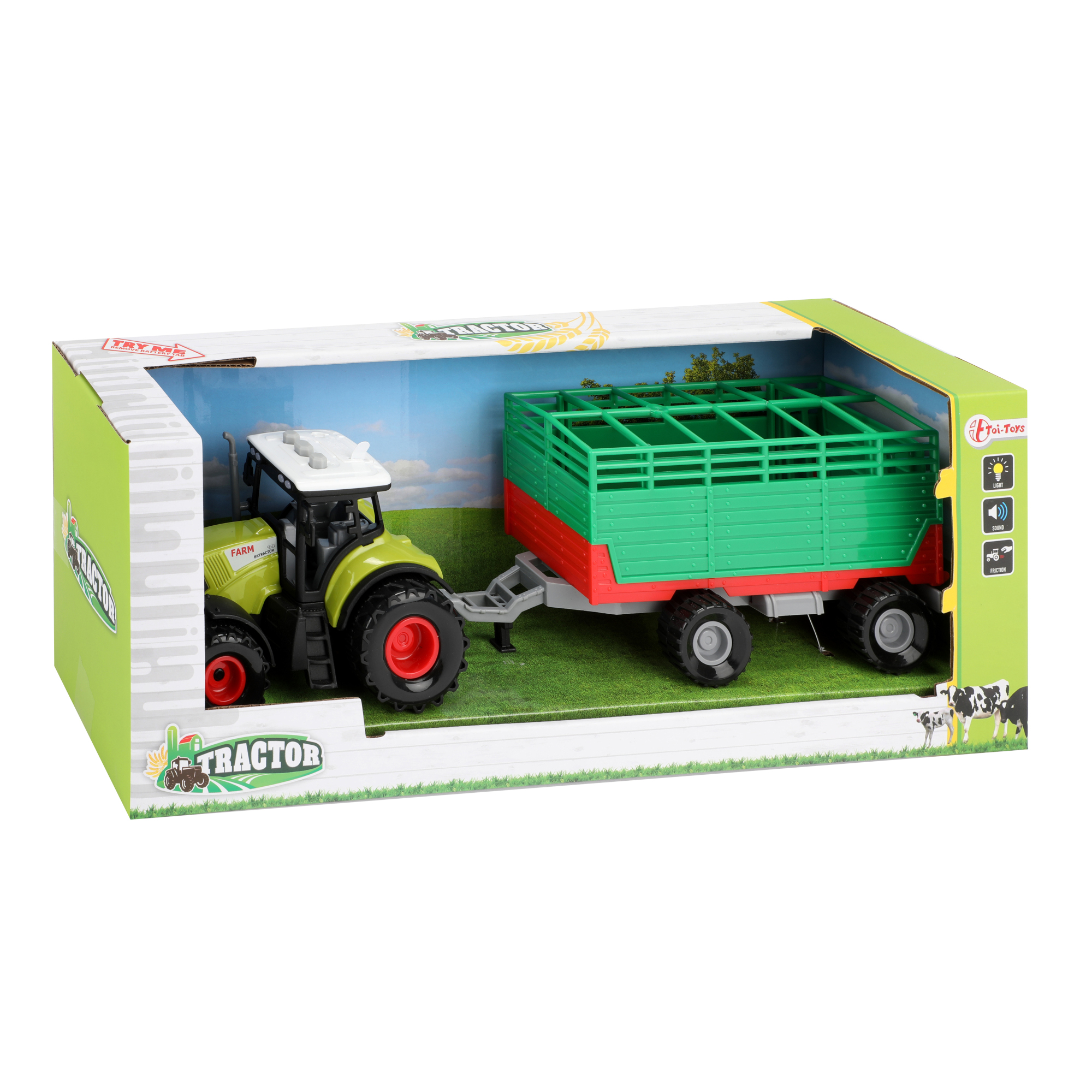 Spielzeugtraktor mit Anhänger in einer Box. Der Traktor ist grün, der Anhänger grün und rot.