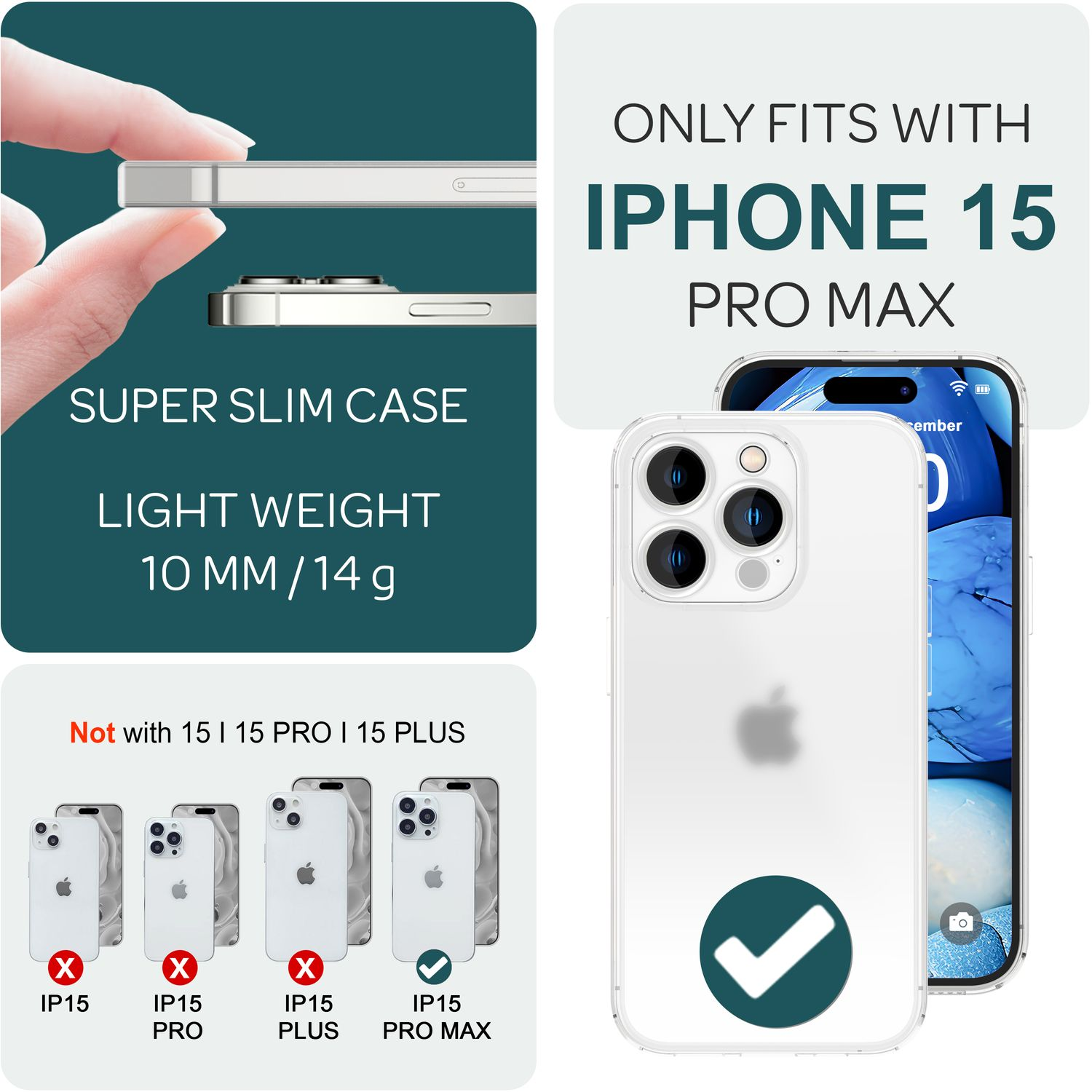 iPhone 15 Pro Max blanc dans un étui transparent. Texte : 'UNIQUEMENT COMPATIBLE AVEC IPHONE 15 PRO MAX'.
