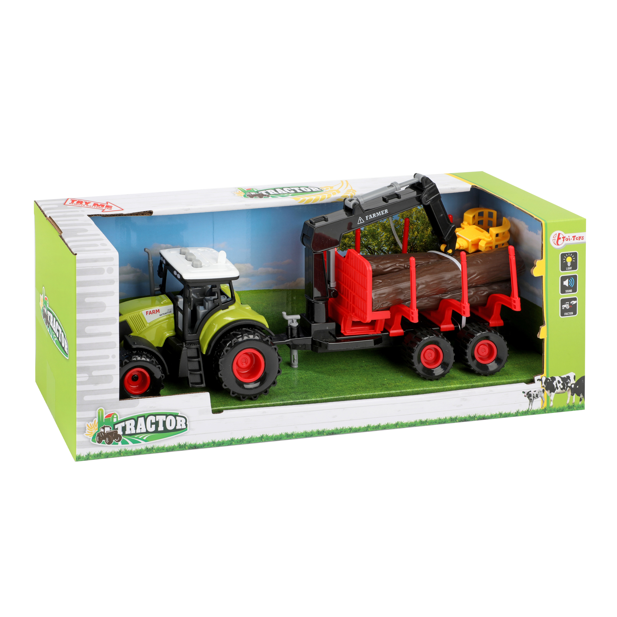 Spielzeugtraktor, der einen Anhänger mit Baumstämmen zieht, in einer Box.