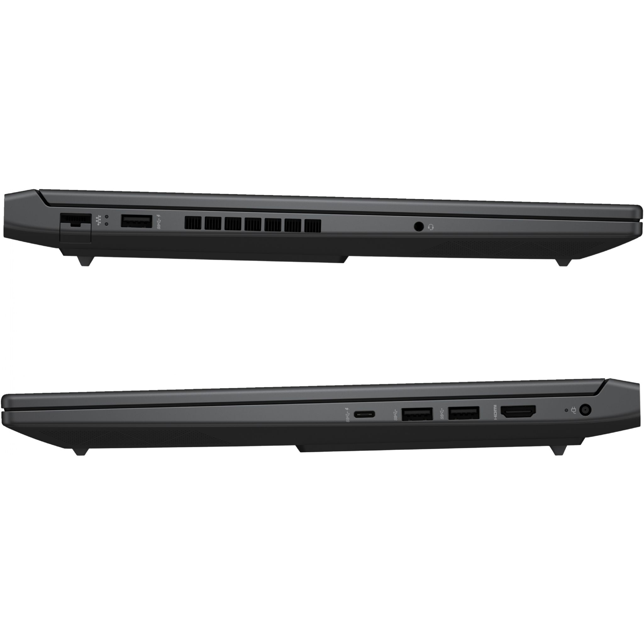 Se muestran dos computadoras portátiles de lado, mostrando puertos y rejillas. Ambas son negras y de diseño elegante.