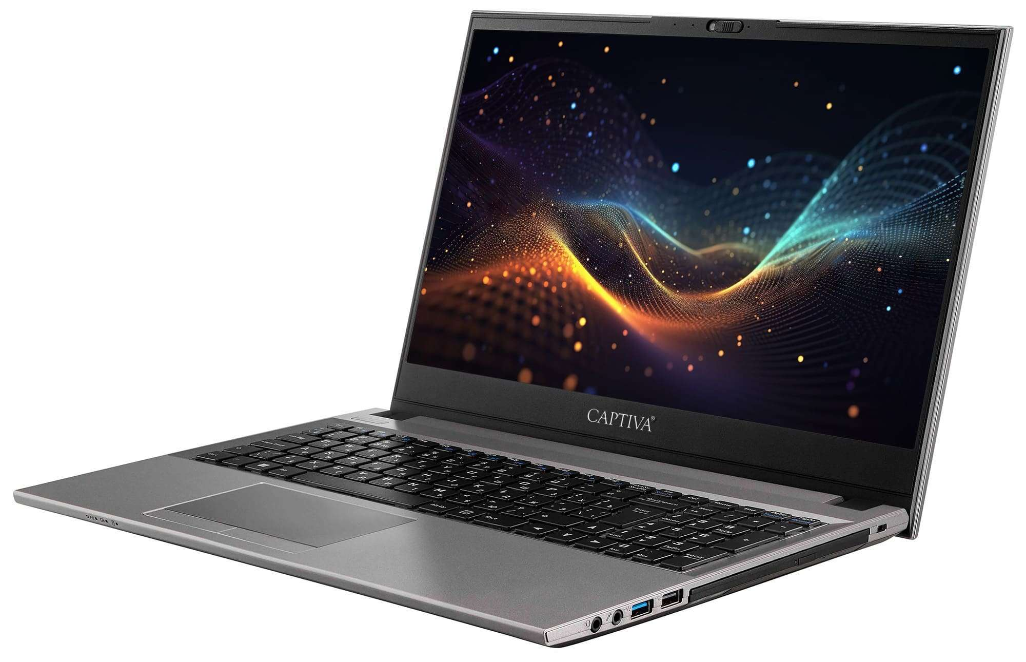 Grauer Laptop geöffnet, mit Bildschirm, der bunte, abstrakte Formen zeigt. Tastatur und Touchpad sichtbar.