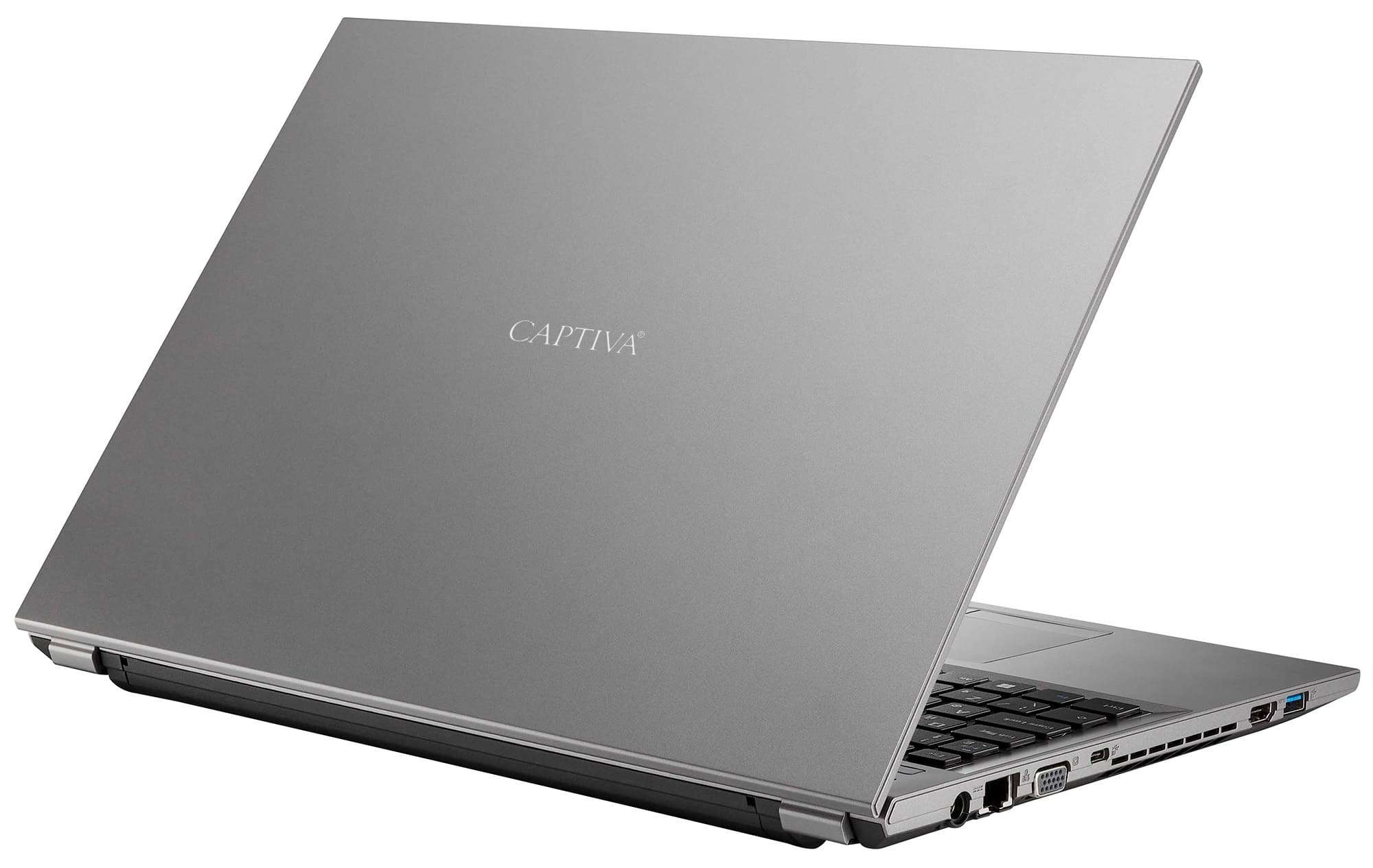 Die Rückseite eines grauen Laptops mit dem Wort 'CAPTIVA'. Der Laptop ist leicht angewinkelt.