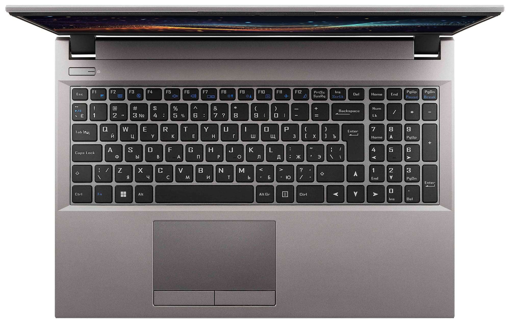 Laptop mit offenem Bildschirm, Tastatur sichtbar, auf weißem Hintergrund.