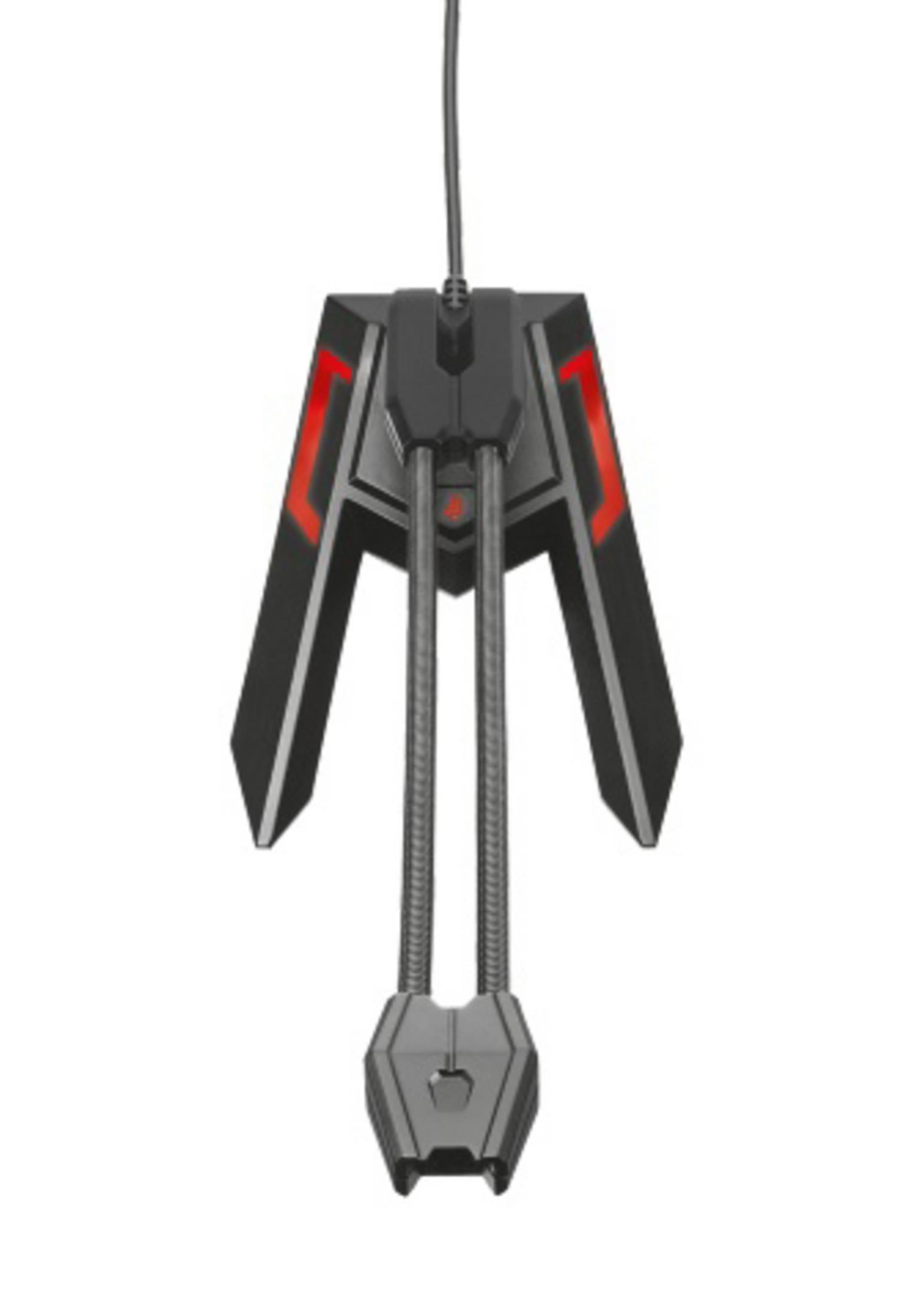 Czarny bungee do myszy z czerwonymi akcentami. Ma elastyczne ramię i podstawę.