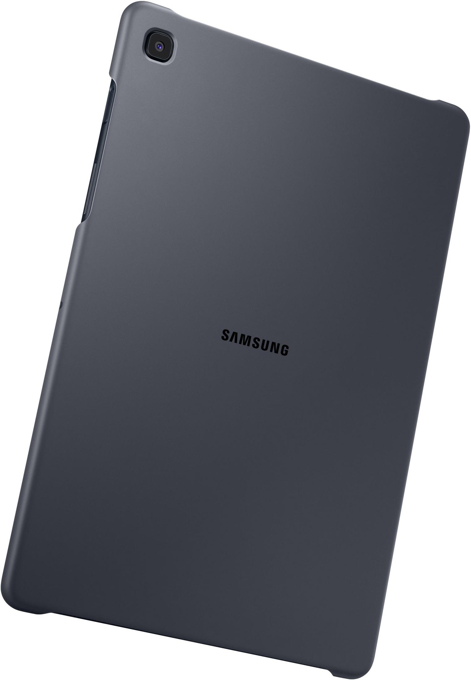 Rückseite eines dunkelgrauen Tablets, Kamera und schwarzes 'SAMSUNG'-Logo sichtbar.