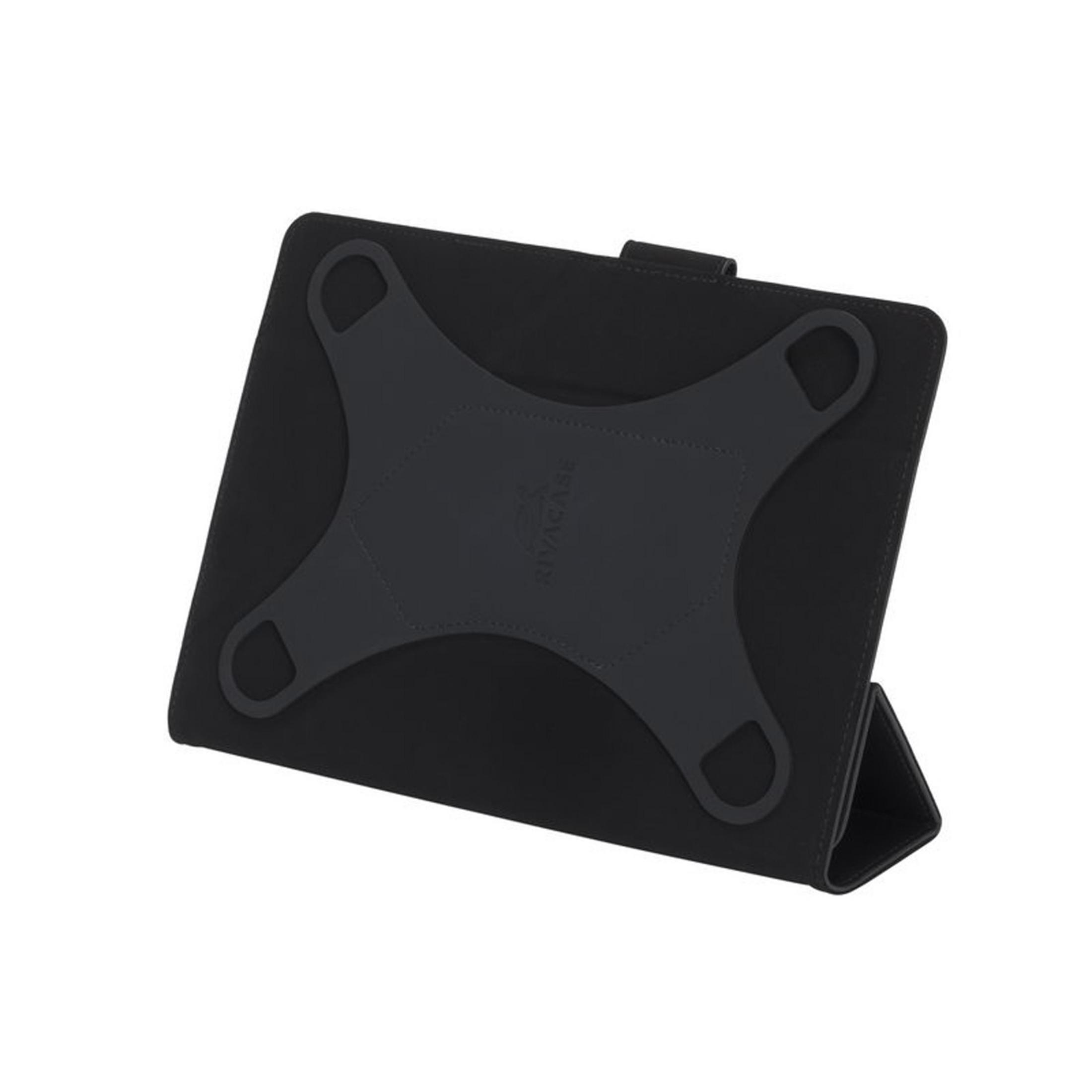 Custodia per tablet nera con supporto. Presenta un supporto interno a forma di croce nera. La custodia è su sfondo bianco.
