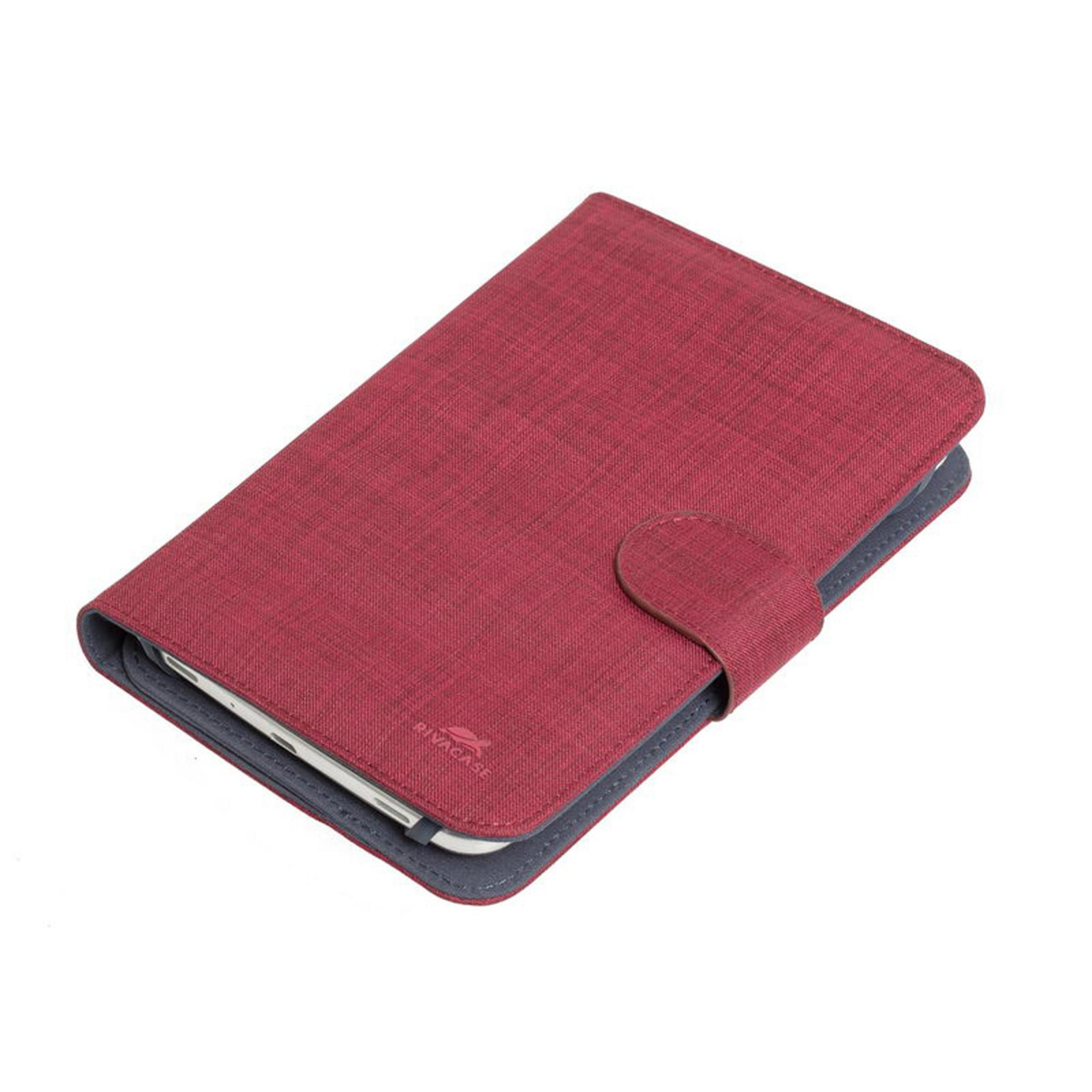 Rote Tablet-Hülle mit Magnetverschluss. Das Tablet ist grau. Weißer Hintergrund.