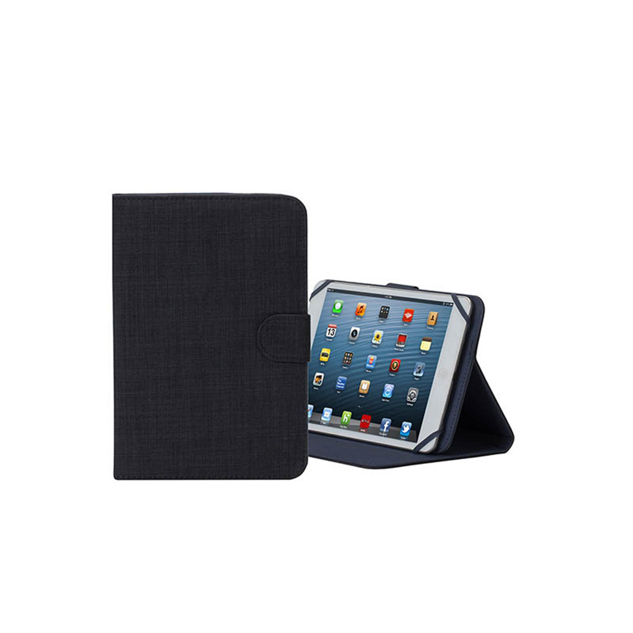 Tablet w czarnym etui i stojący. Etui ma zapięcie. Ekran wyświetla ikony aplikacji.