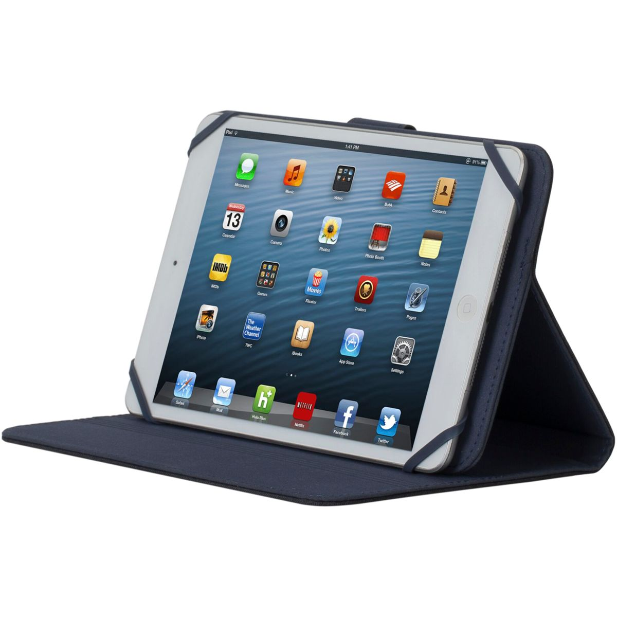 Tablet w niebieskim etui, pokazujący aplikacje, na białym tle.