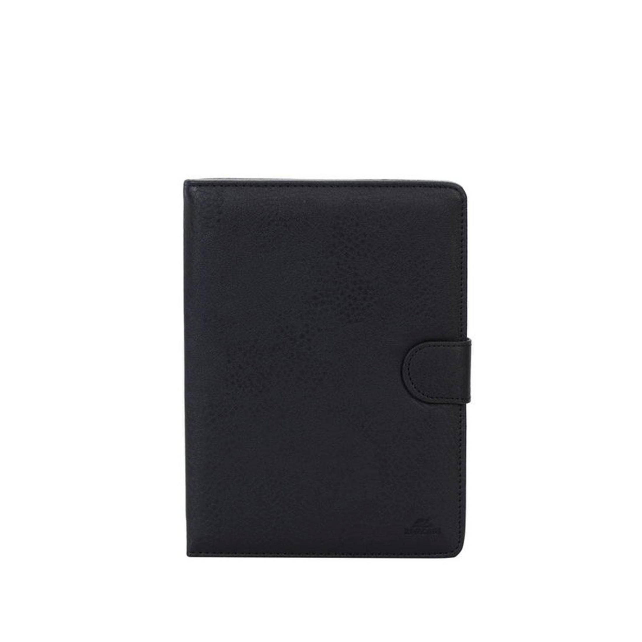 Quaderno in pelle nera con chiusura a scatto su sfondo bianco.