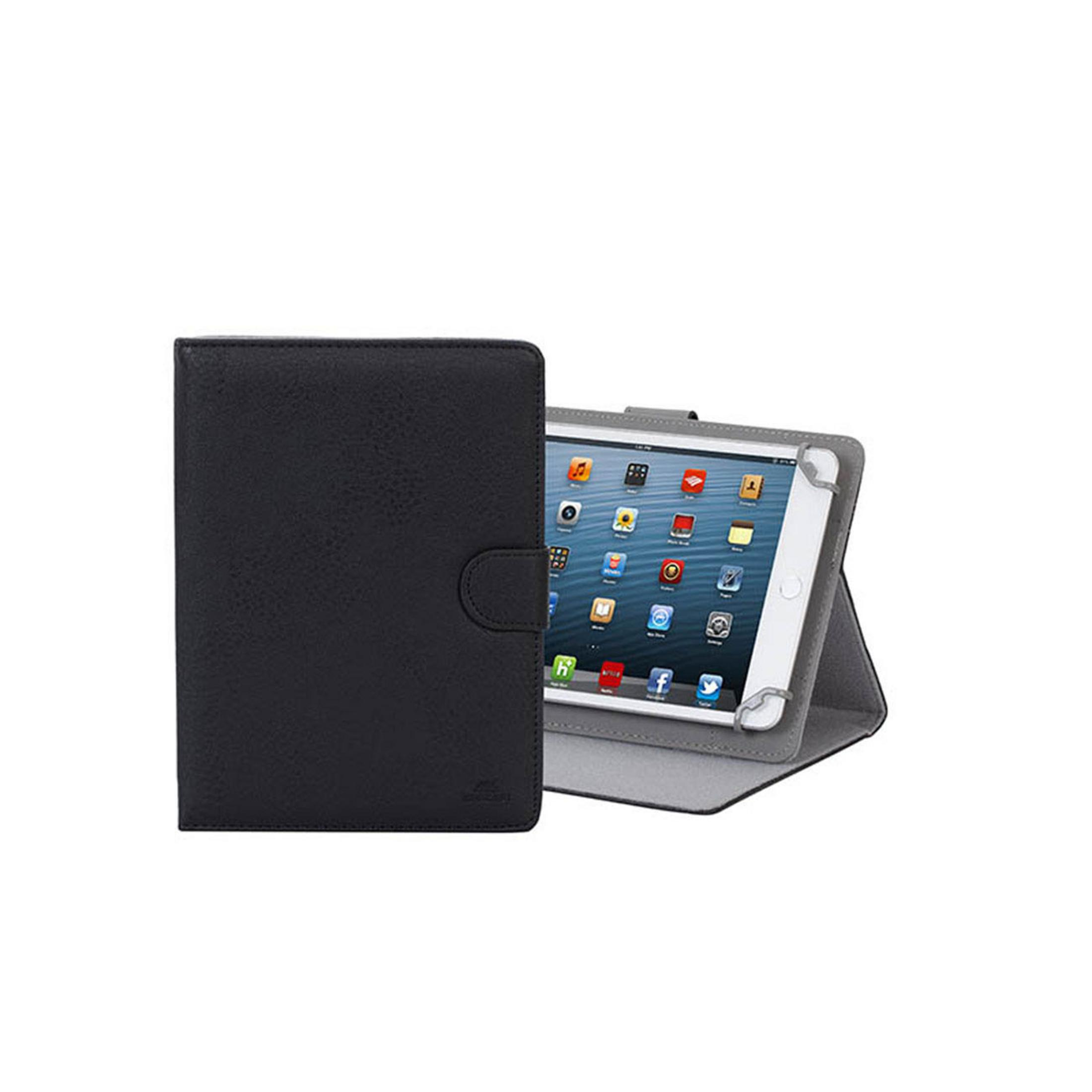Custodia per tablet nera e tablet aperto. La custodia è chiusa. Lo schermo del tablet mostra le icone delle app.