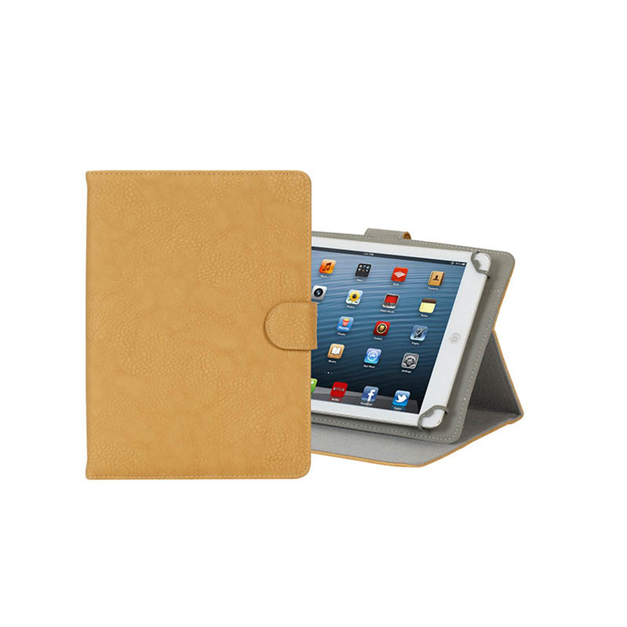 Custodia per tablet color tan con un tablet all'interno. La custodia è aperta, mostrando lo schermo del tablet e l'interno della custodia.