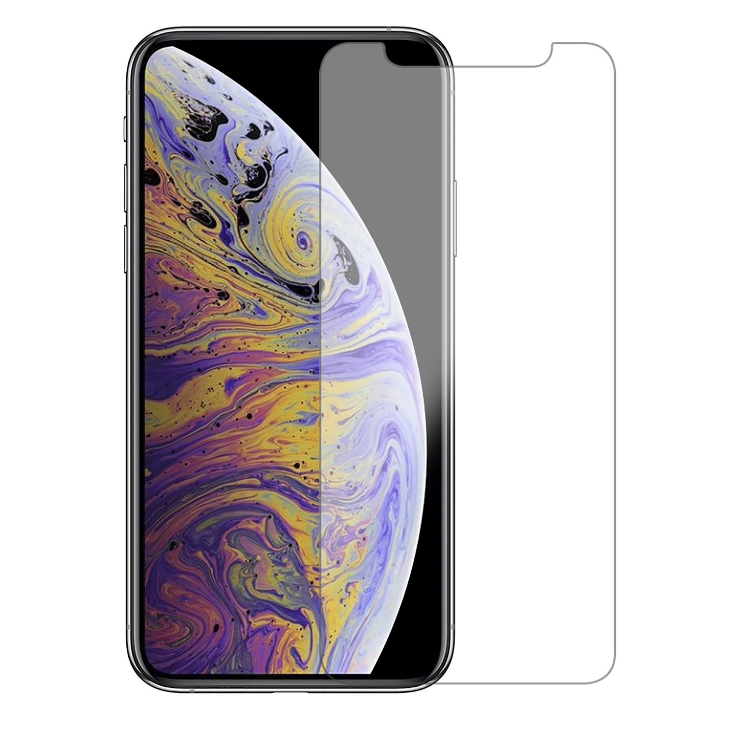 Smartphone con protezione schermo applicata, con sfondo astratto colorato.