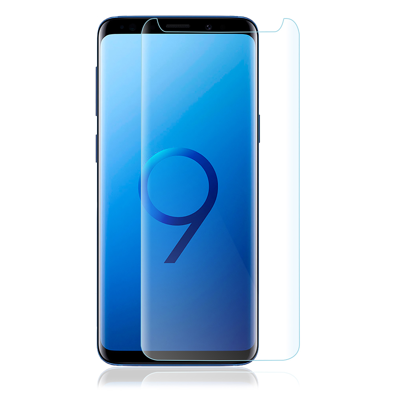 Un telefono cellulare con una protezione per lo schermo applicata. Il telefono è blu. Sfondo bianco.