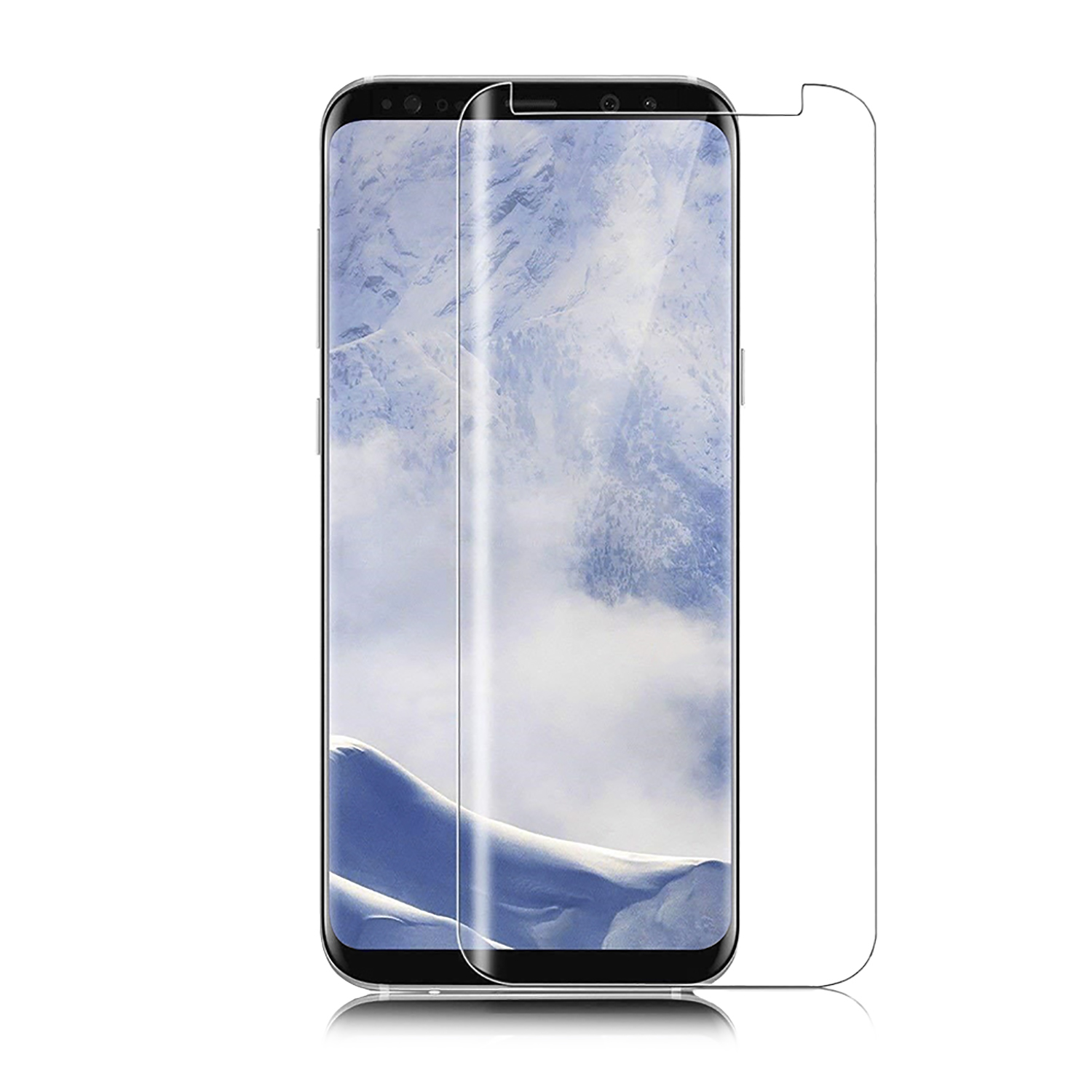 Uno smartphone con protezione schermo. Montagne innevate sullo sfondo.