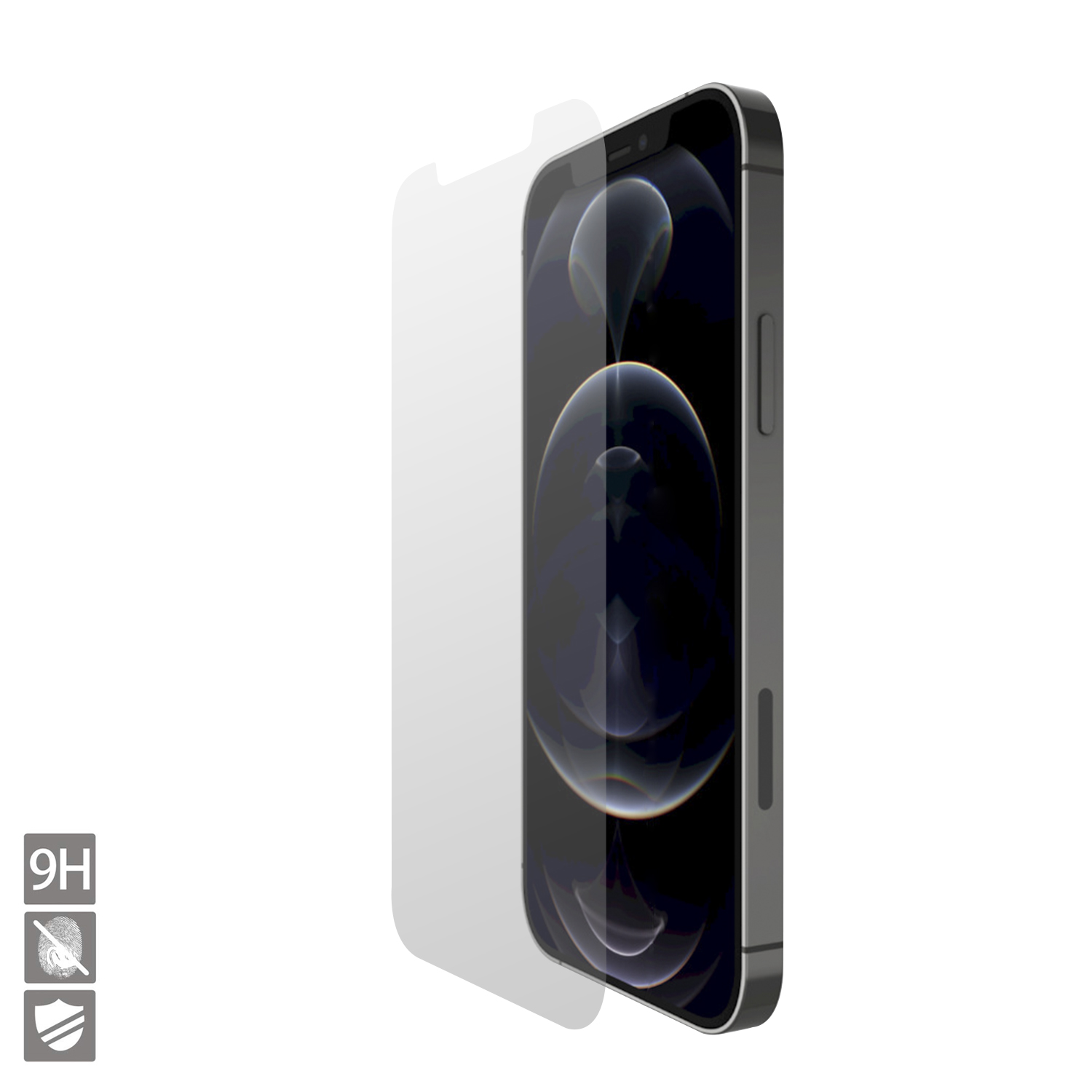 Teléfono con protector de pantalla. El teléfono es negro y el protector es transparente. El fondo es blanco.